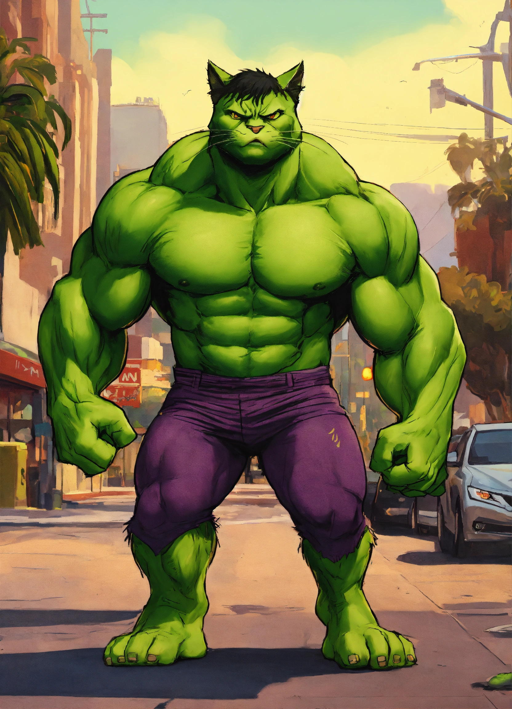 Lexica - A cat wearing a Hulk suit in Los Angeles catching villains ...