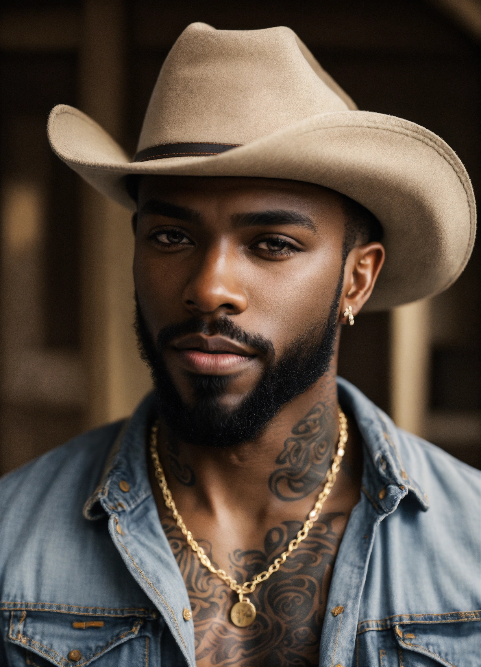 Lexica - Handsome black male, cowboy, low beard, light eyes, chocolate  skin, tattoos, jean shirt