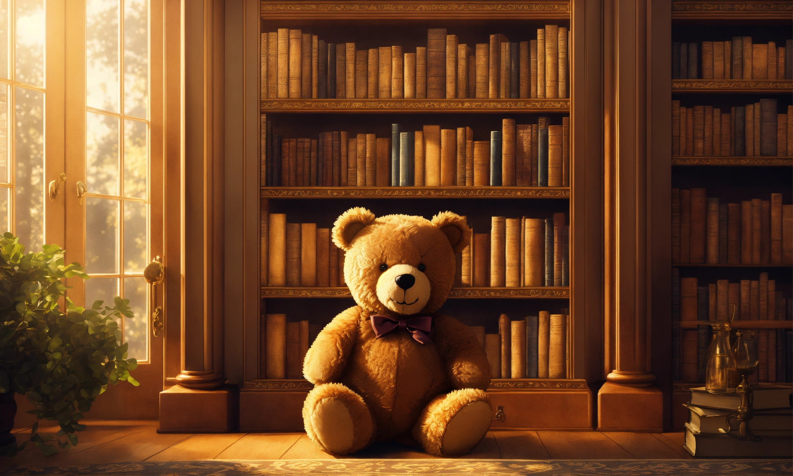 Lexica - Stunning illustration of a teddy bear climbing a bookcase ...