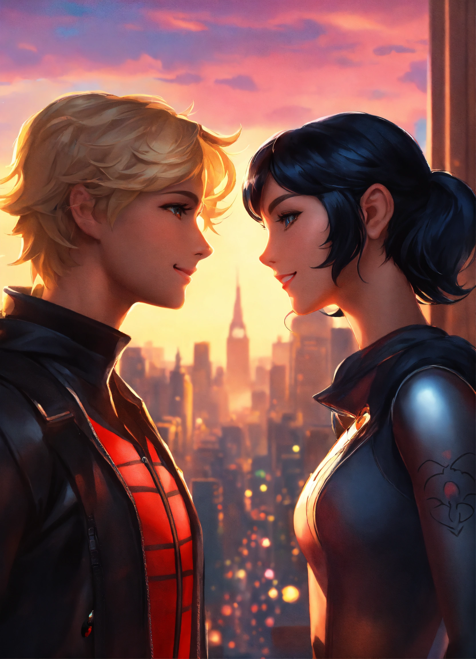 Lexica - Artgerm, cat noir adrien and lady bug marinette with black hair,  looking at each other with a smile, action move, Eiffeltour in background,  ...