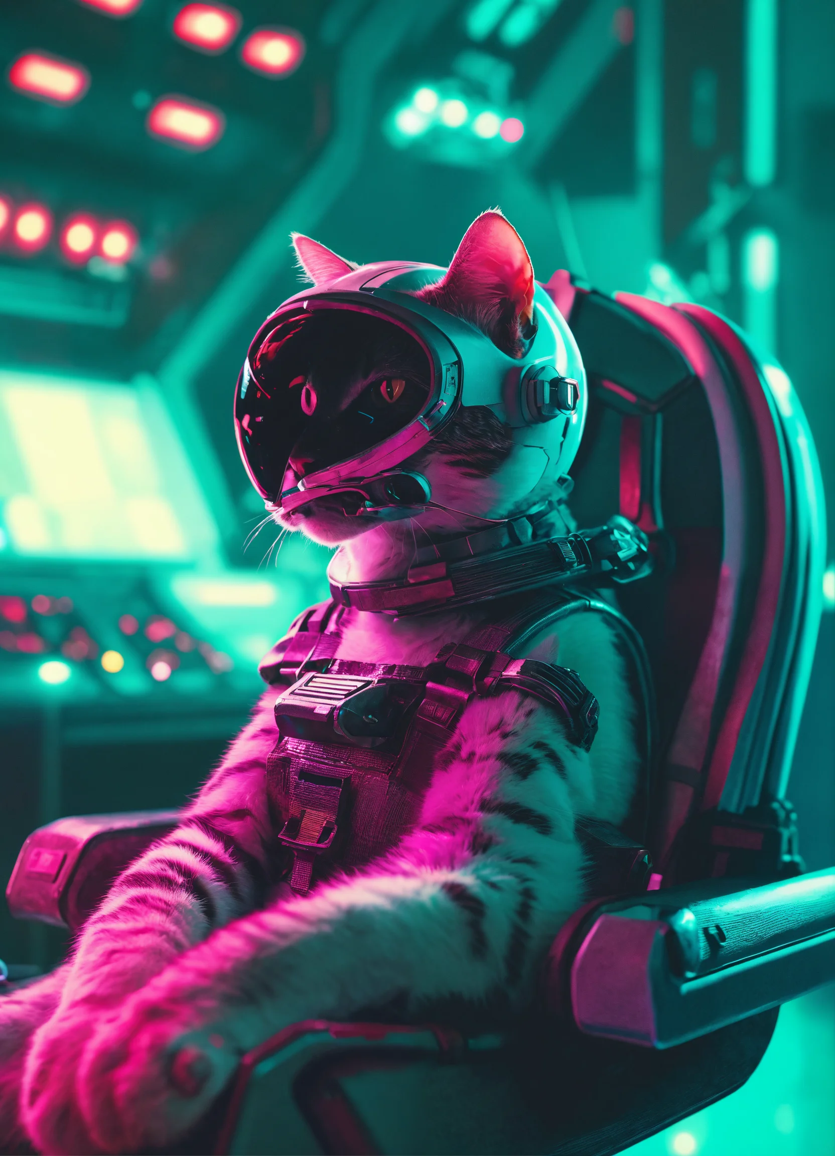 Lexica - Shorthair cat wearing a space helmet sitting at command chair ...