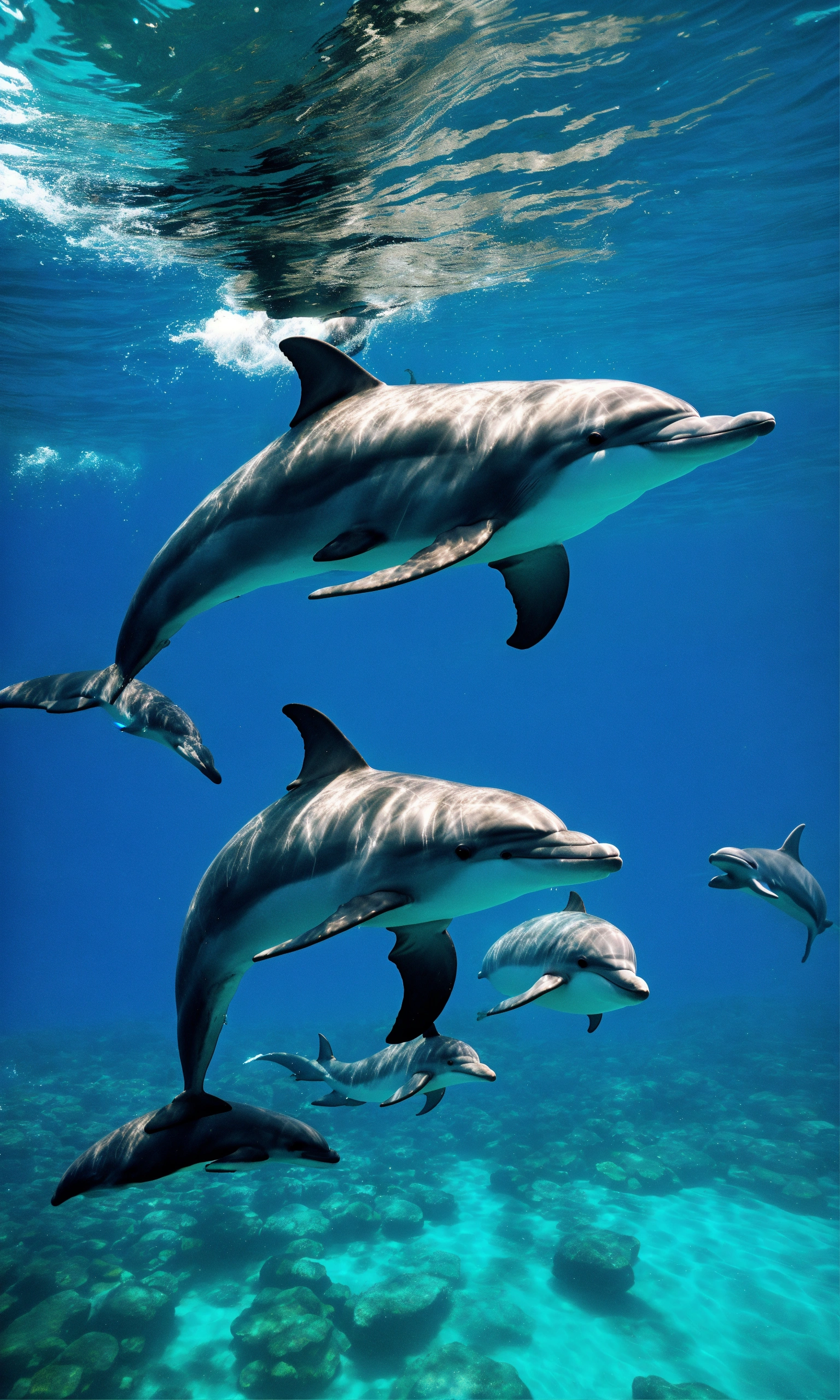 Lexica - A woman adventurously swimming with dolphins in the ocean.