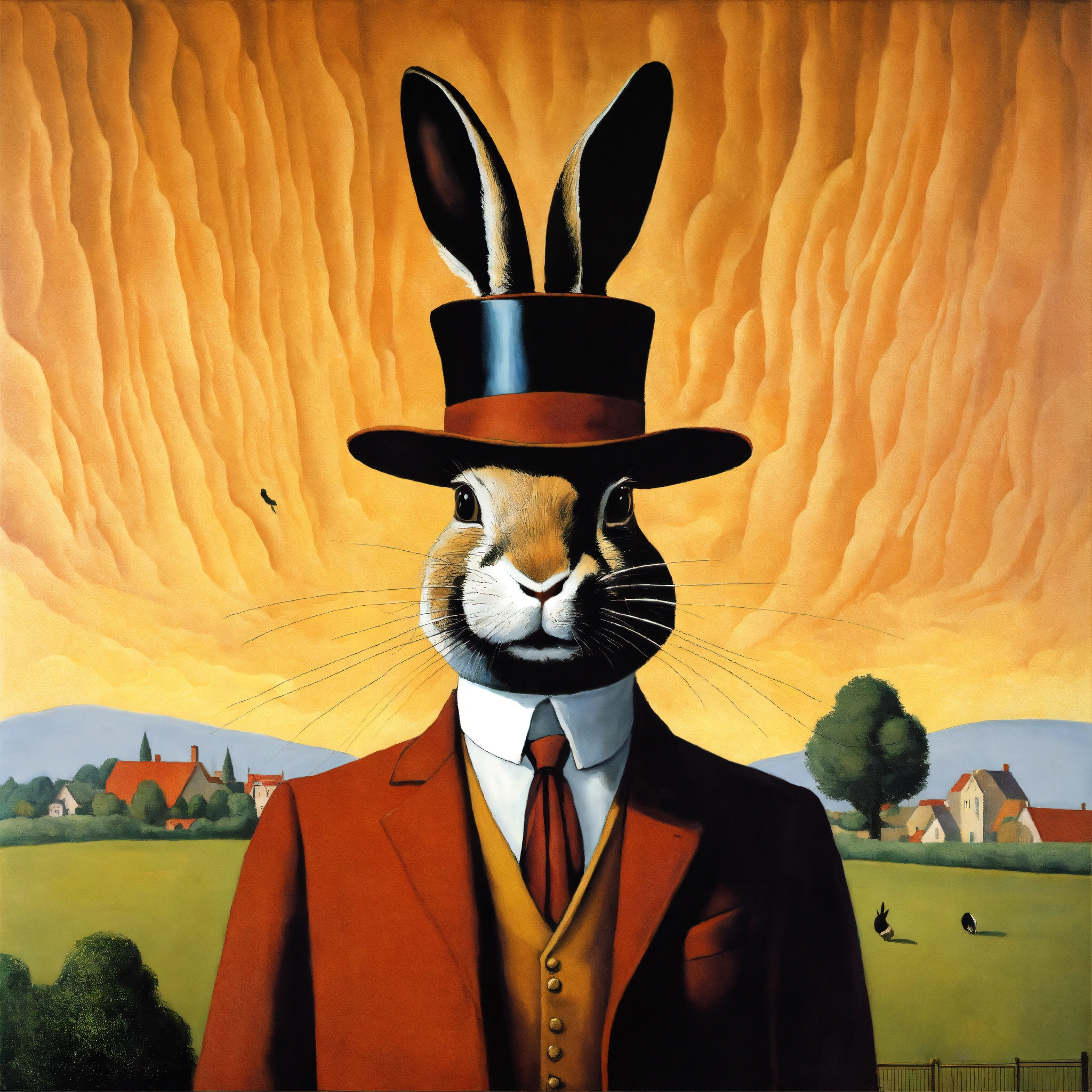 Lexica - Magician, painted by Rene Magritte with big magic rabbit with ...