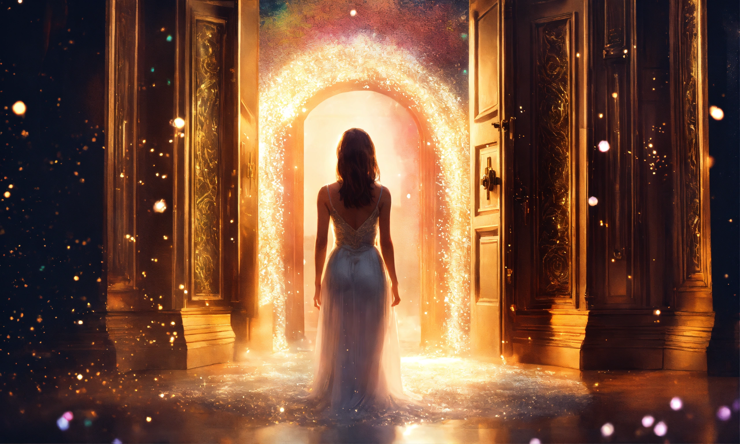 Lexica - Create an image of a woman from behind looking into a magical ...