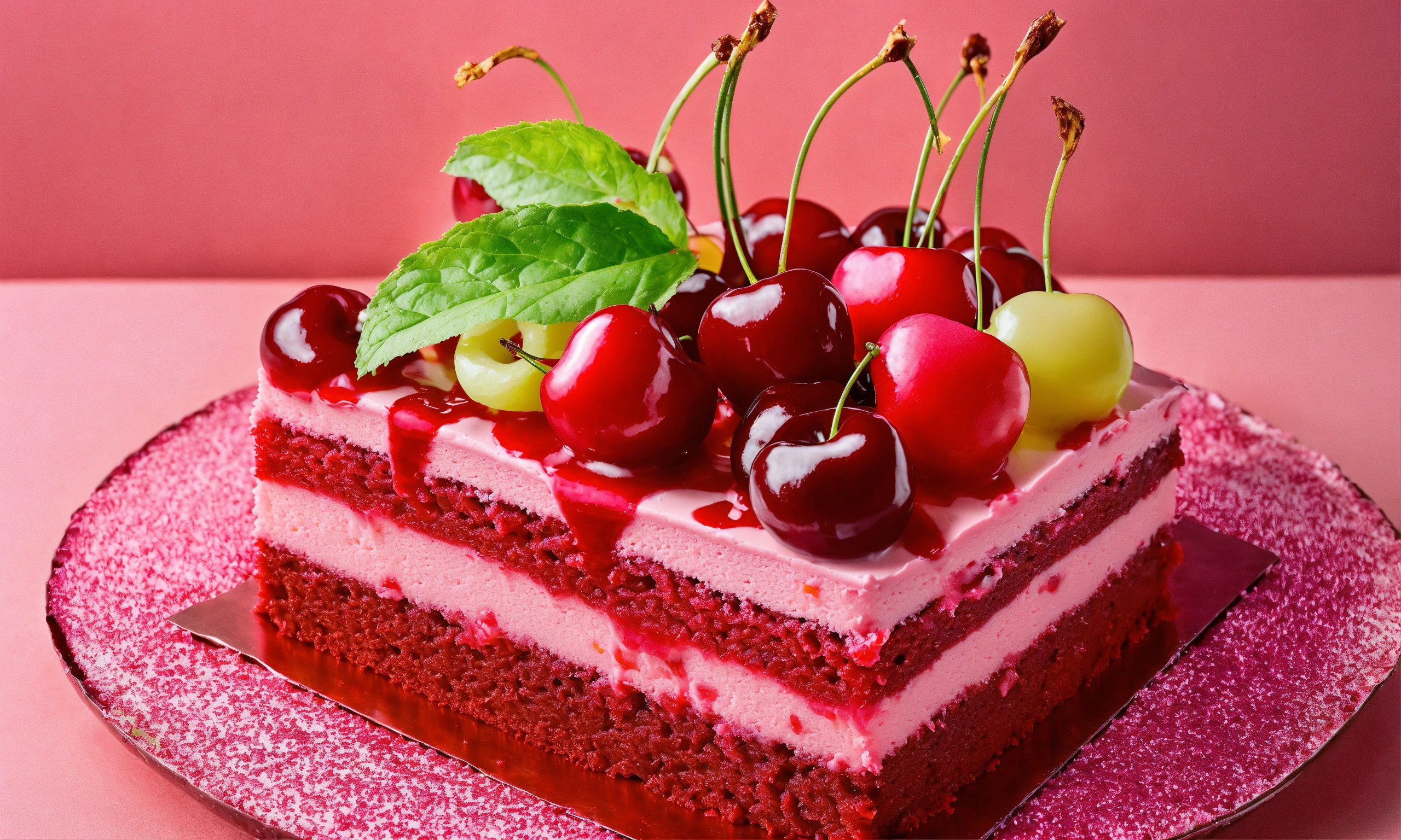 Lexica - A pink rectangle cake with cherries
