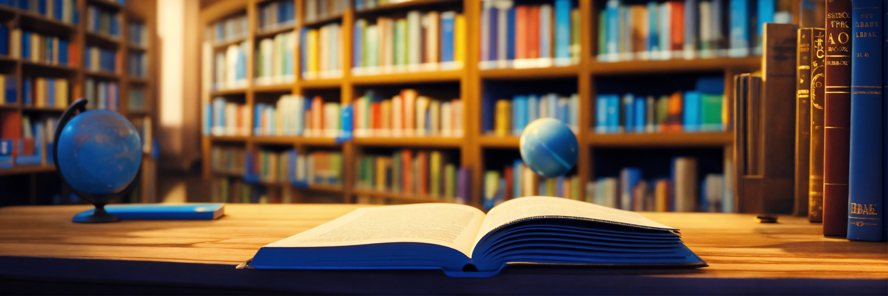 Lexica - Plain blue book on a table with a library background pixar ...