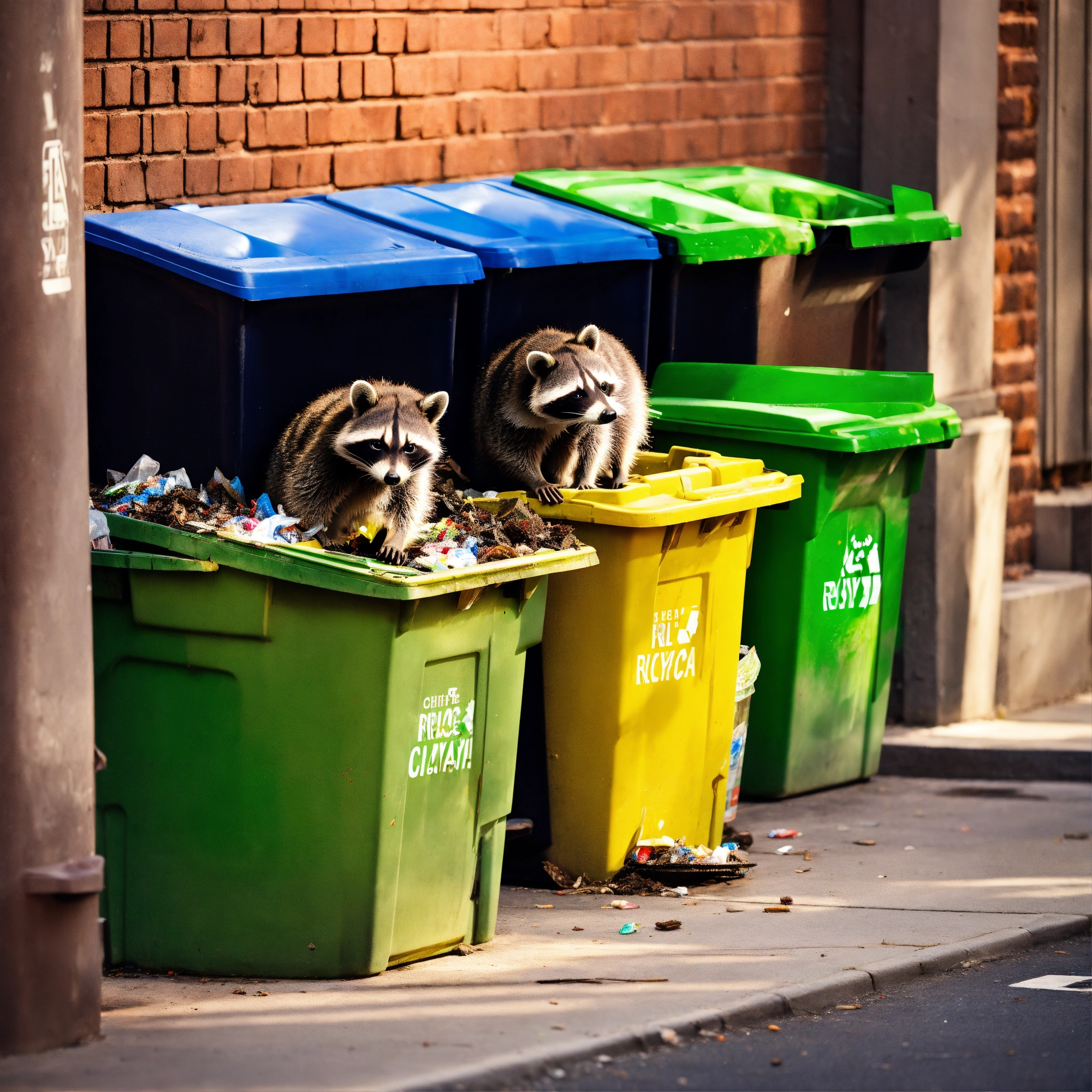 Lexica - A photograph of a raccoon digging through recycling bins on a ...