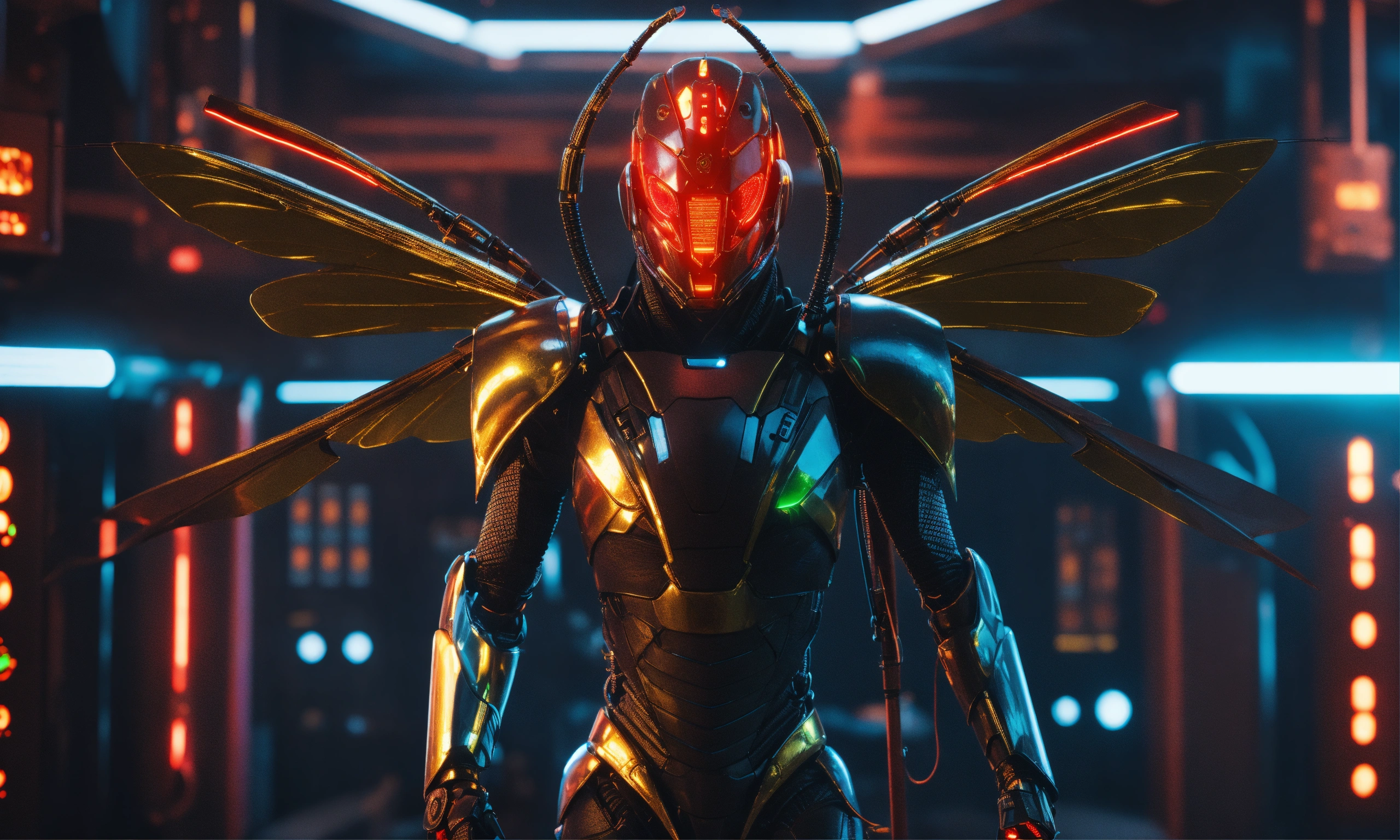 Lexica - Close up of black cockroach faced humanoid with red glowing ...