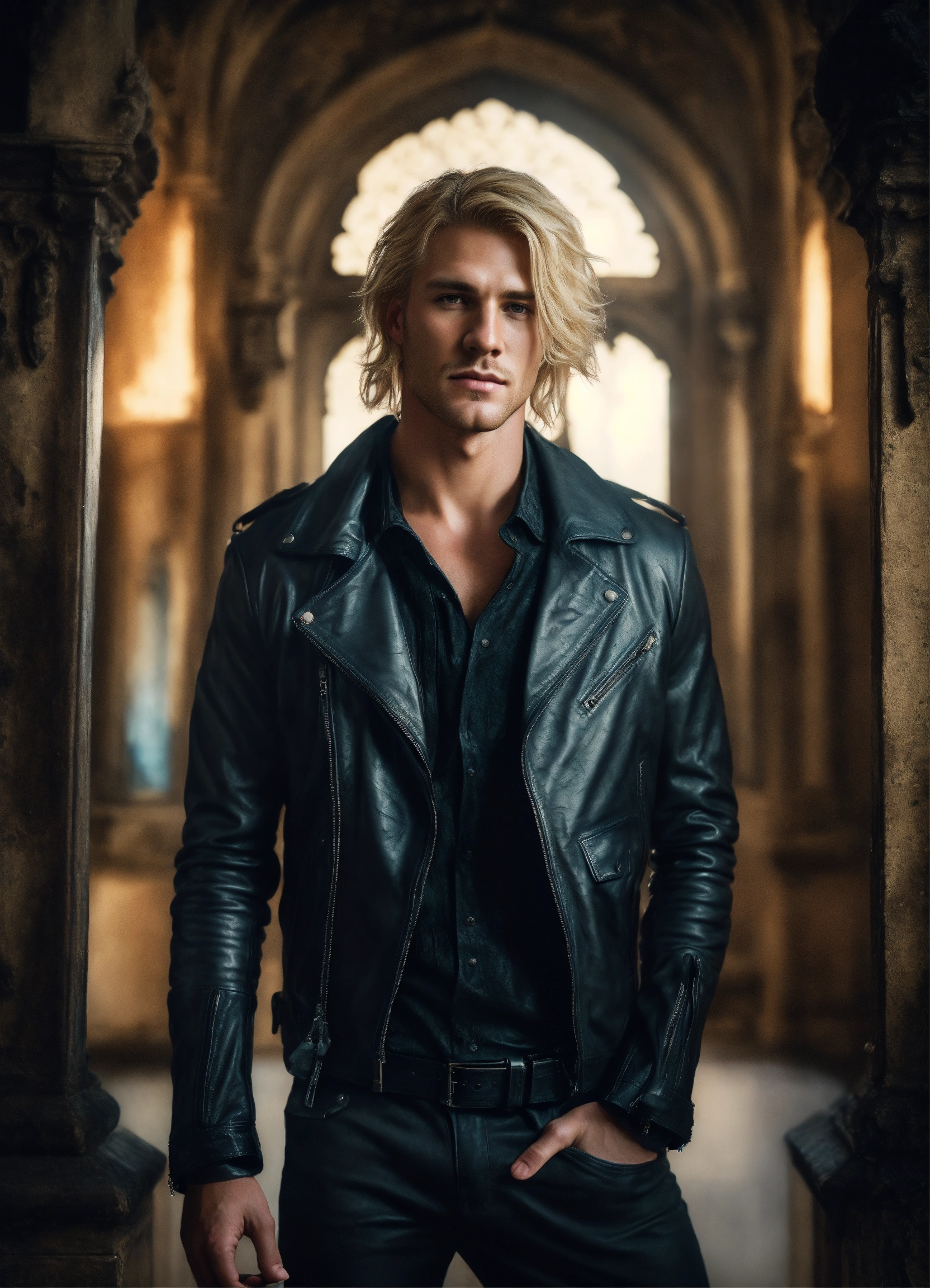 Lexica - Portrait of a handsome blond-haired man in a leather jacket ...