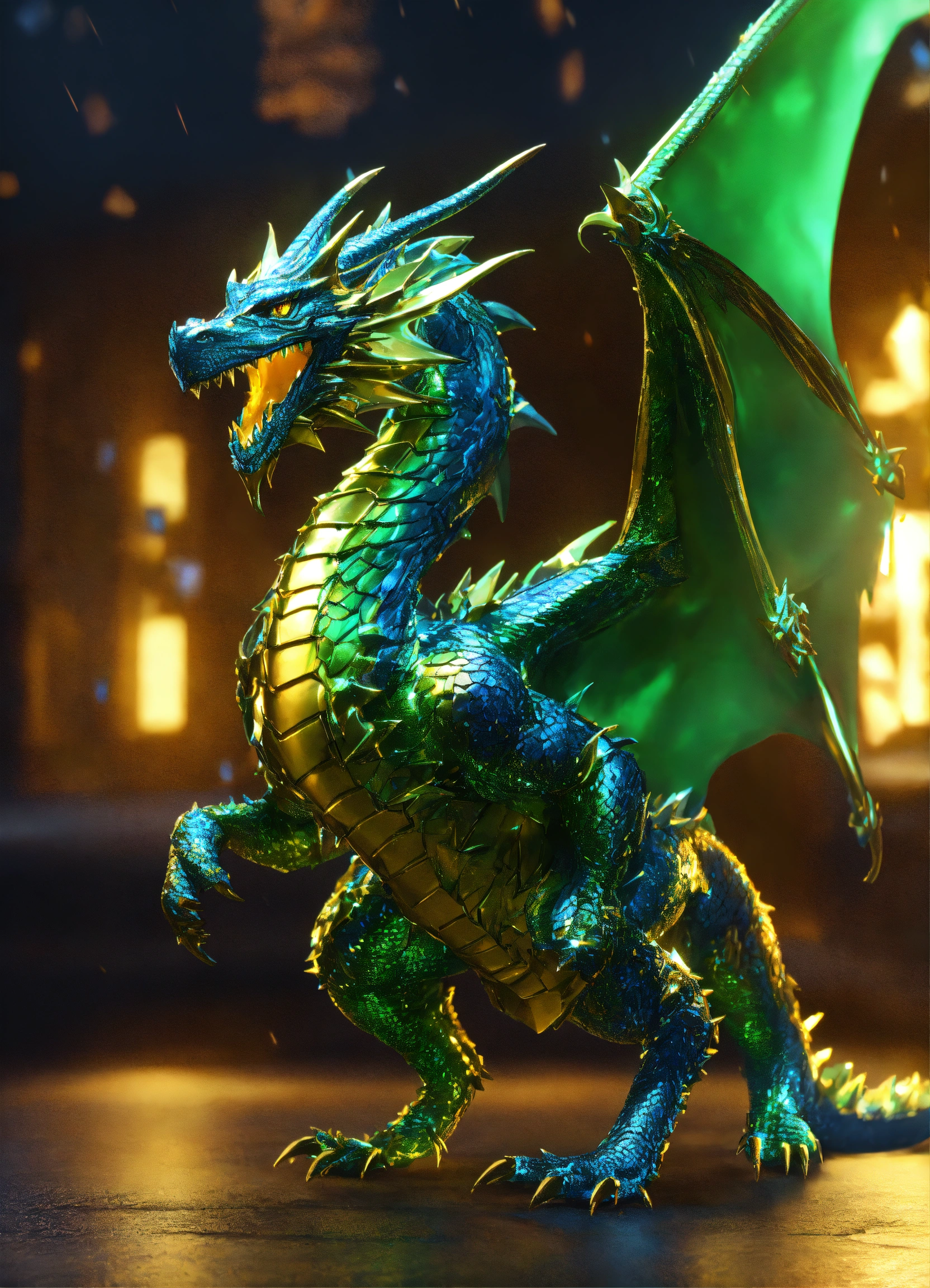Lexica Metallic dragon in yellow green and blue colors. volumetric lightning, octane render, 4
