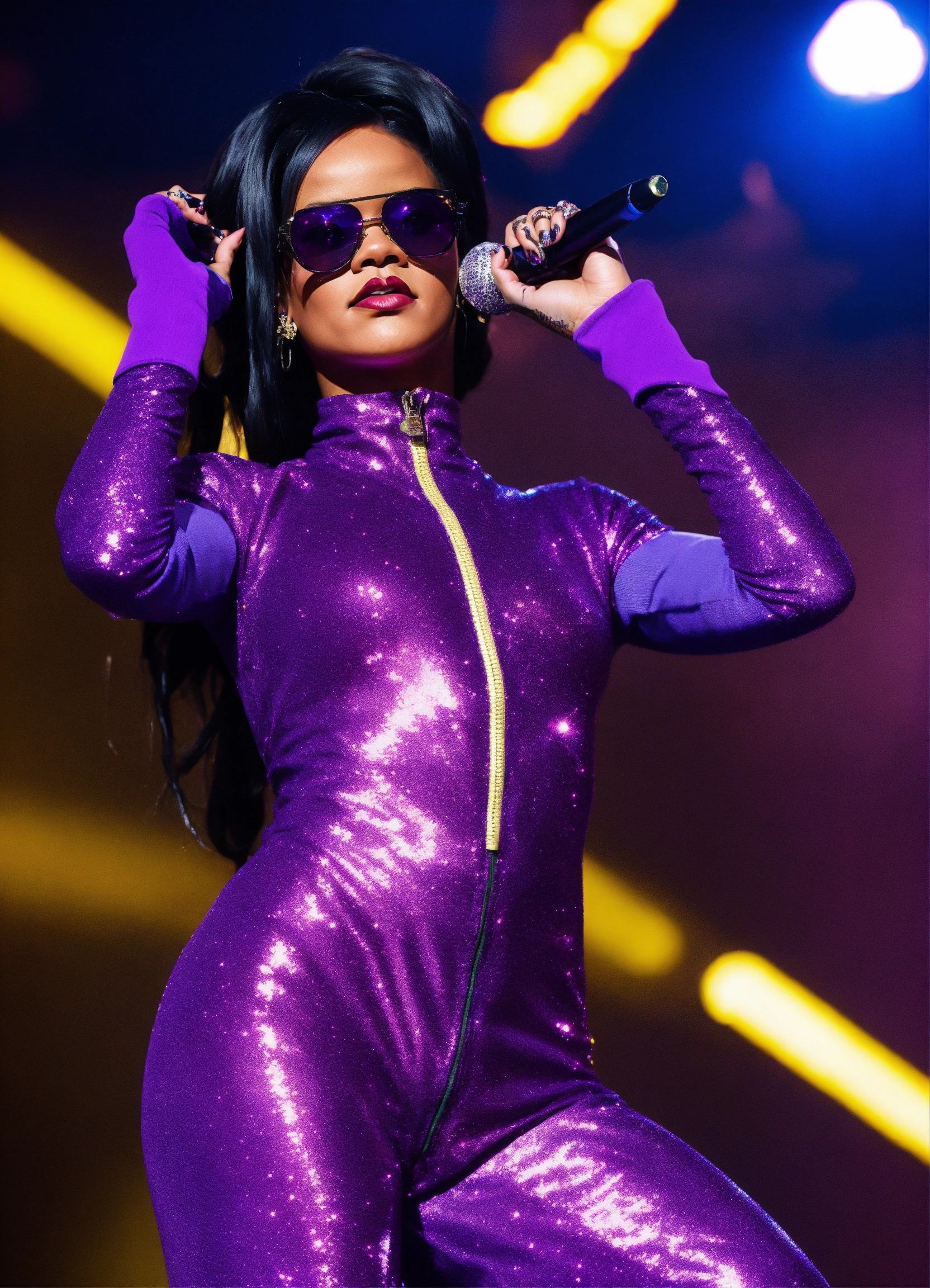 Lexica - Rihanna glittery vibrant purple and zip-up bodysuit, with ...