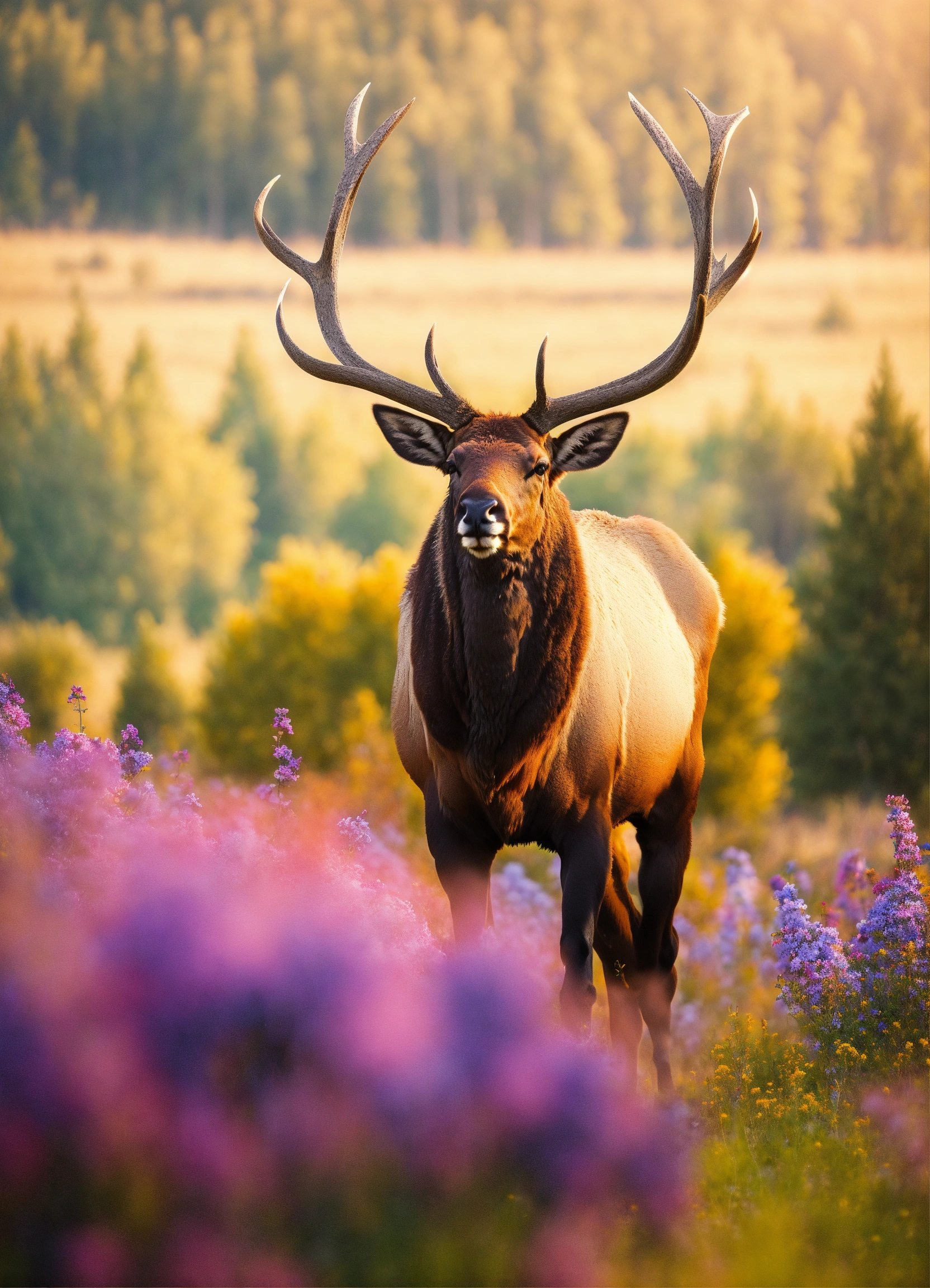 Lexica - A beautiful elk standing in a field of flowers trees in the ...