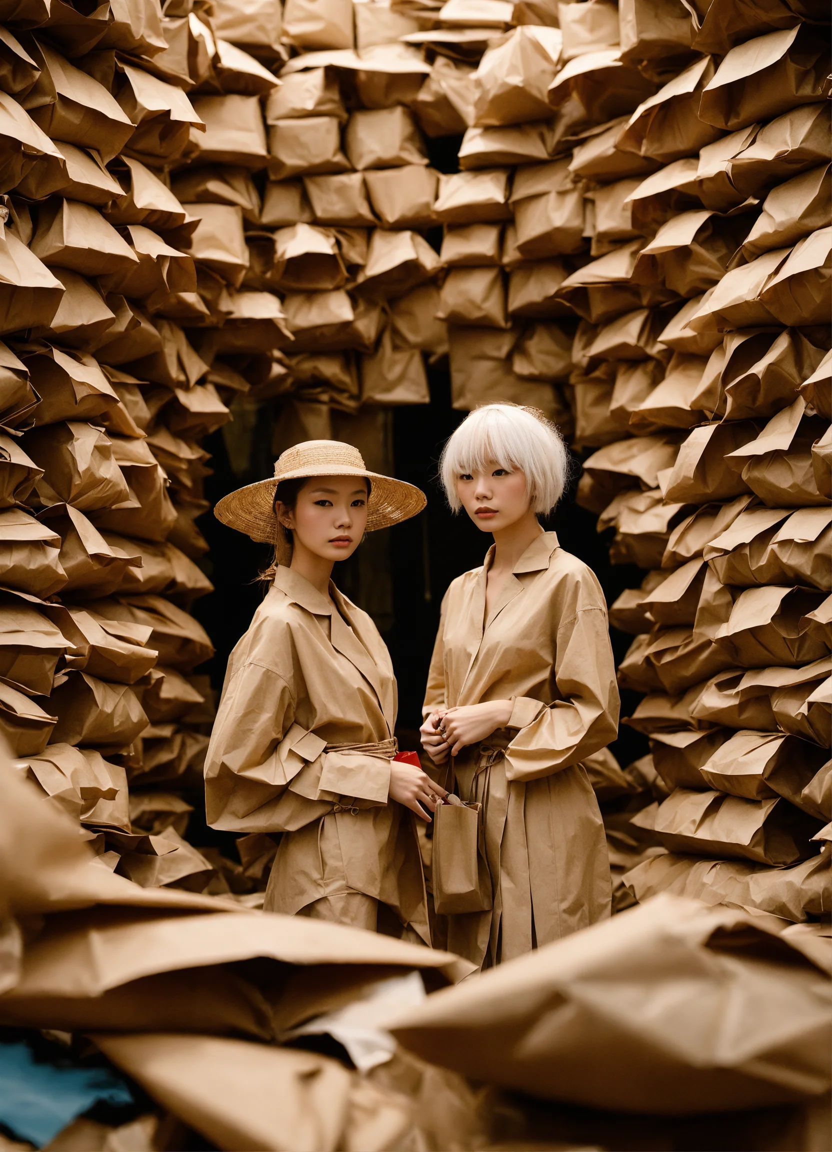 Lexica 2 Albino Japanese Models Straight Light Brown Hair With Bangs Paper Bags Littered 