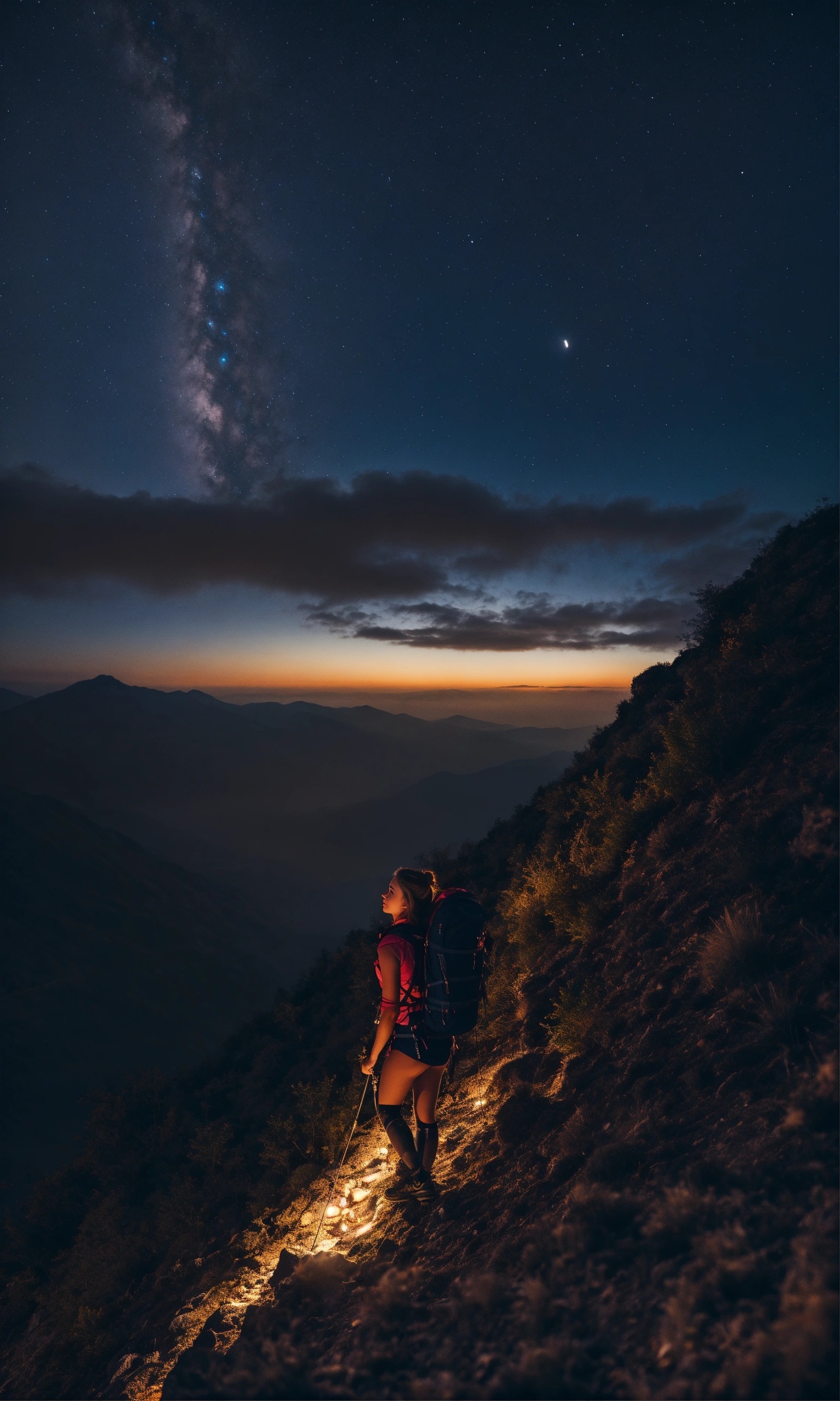 Lexica - A stunning female ascending a mountain at night