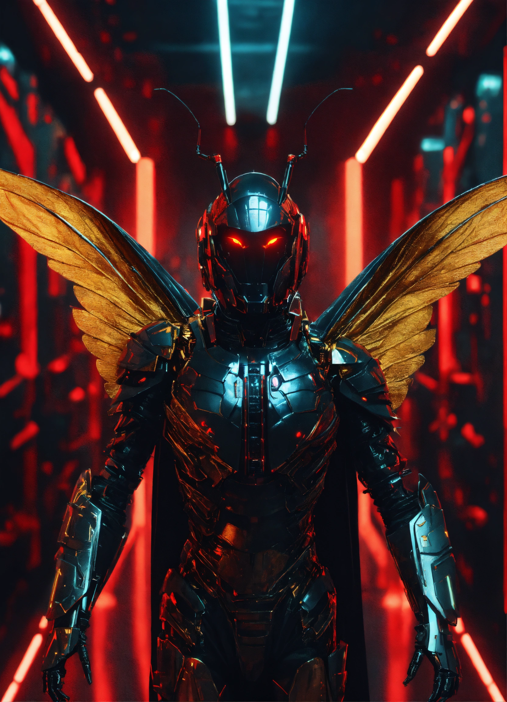 Lexica - Zoom out of black cockroach faced humanoid with red glowing ...
