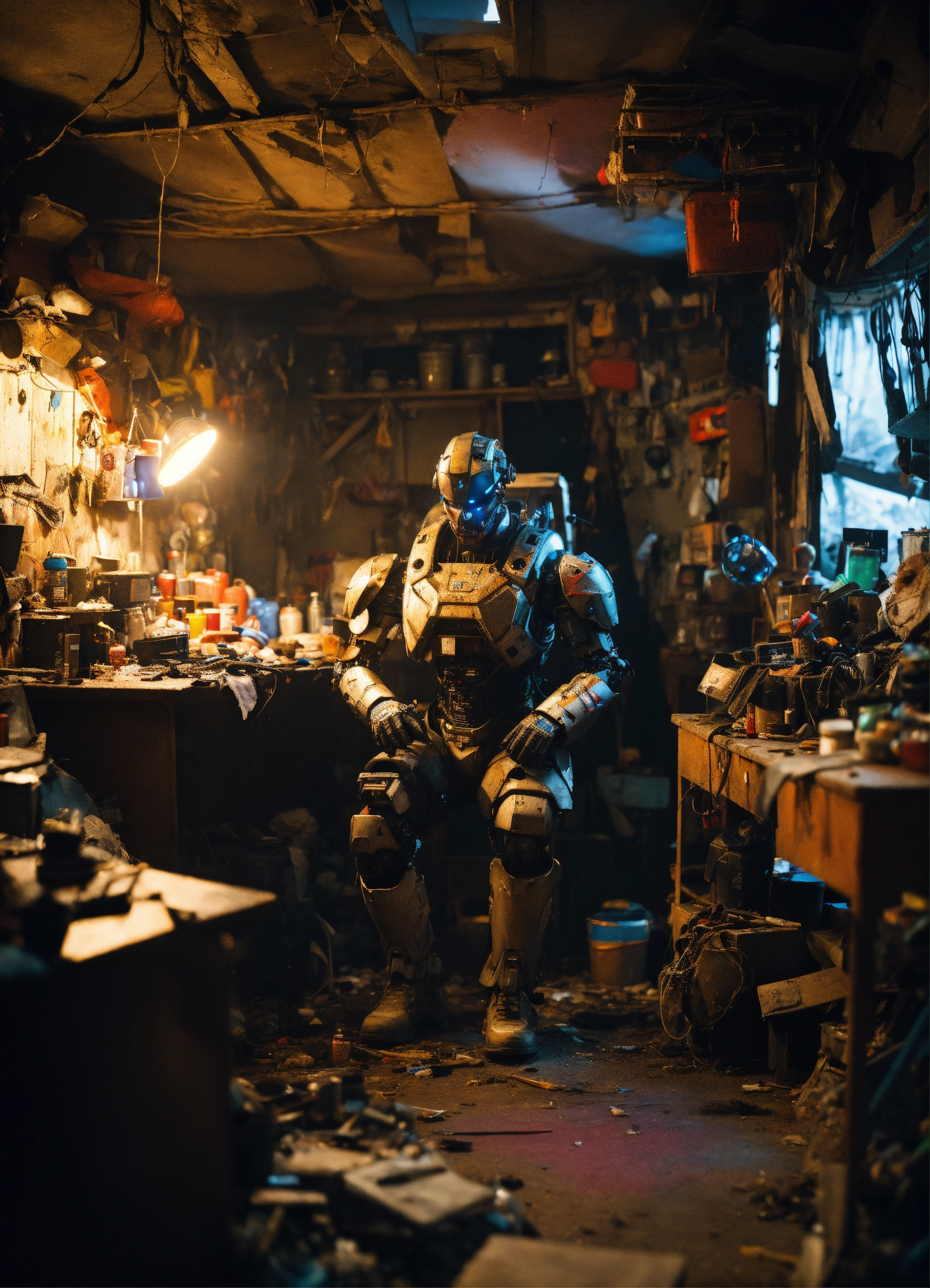Lexica - Wide angle Environmental shot of evil Cyborg in a cluttered ...