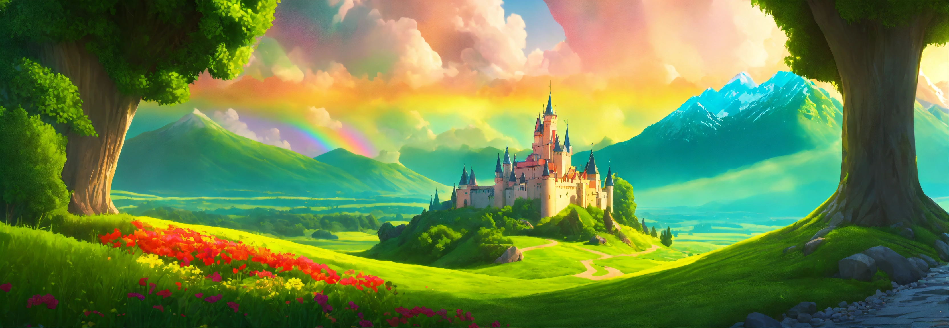 Lexica - Fantasy cartoon landscape with a green field with moutains and ...