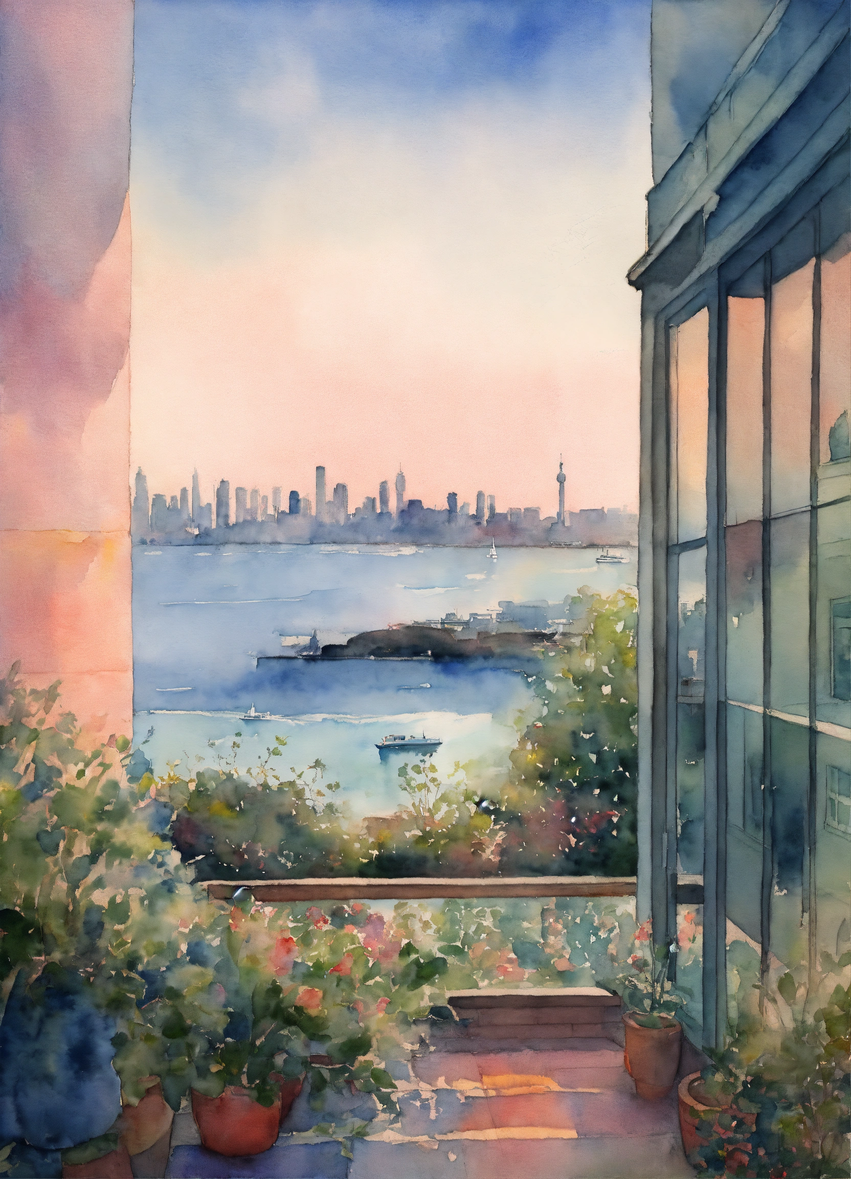 Lexica - Watercolour, back perspective, City Skyline, Garden, Ocean ...