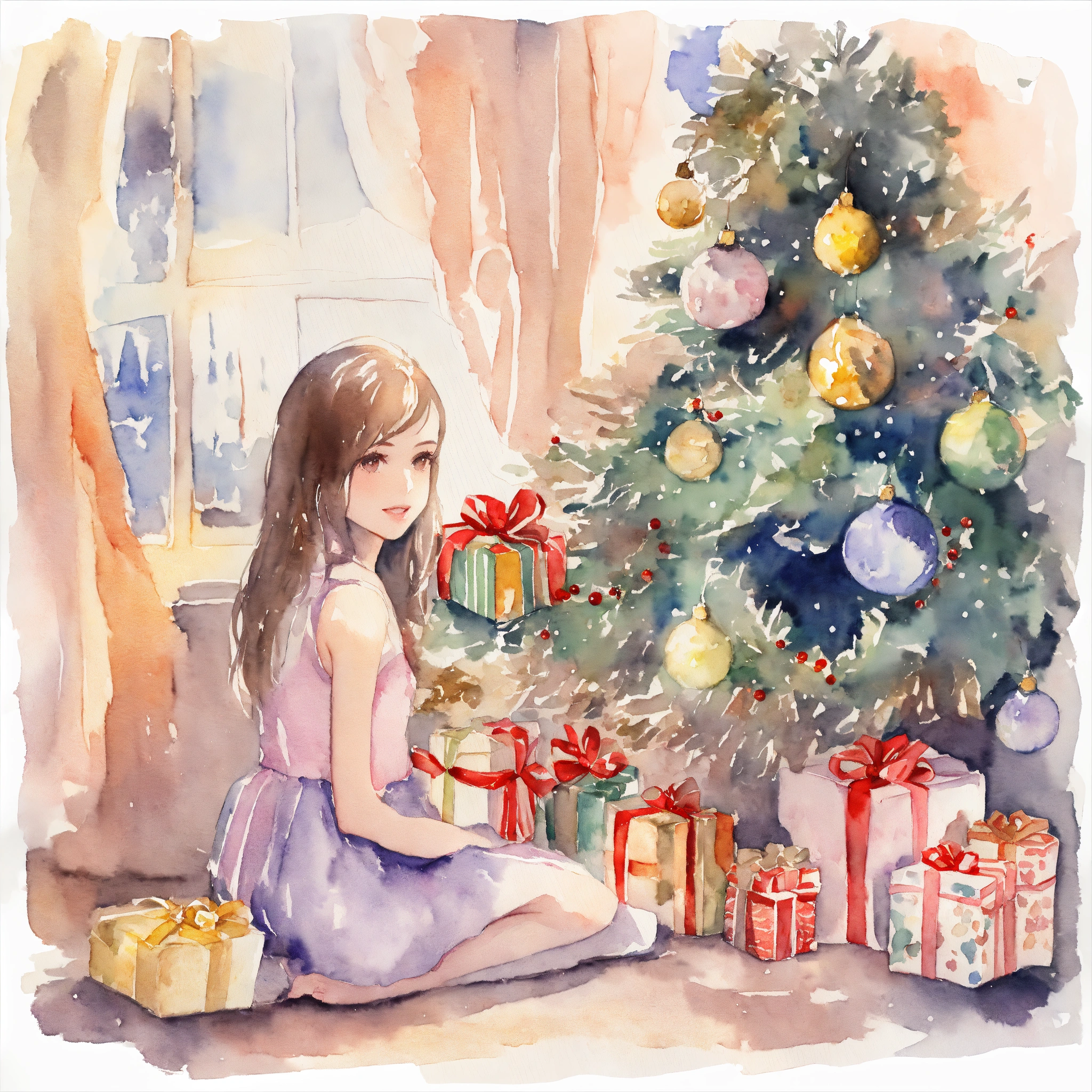 Lexica - A girl near the Christmas tree with gifts, watercolor ...