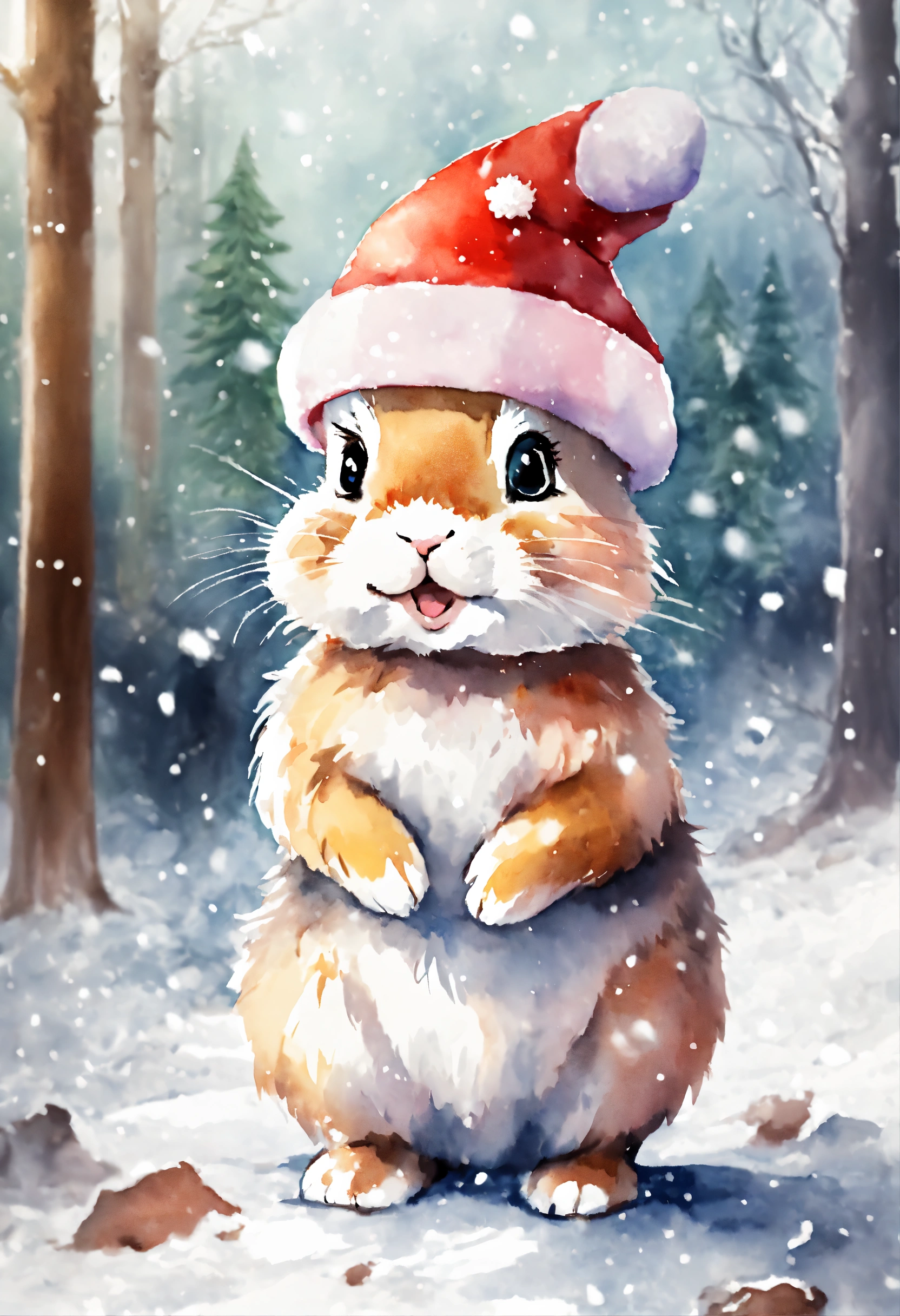 Lexica - A cute happy rabbit in forest with Christmas hat , ,snow ...