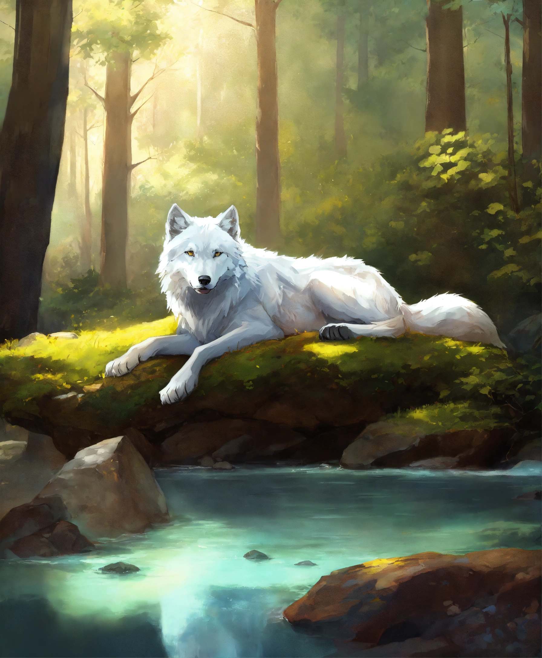 Lexica - Concept art of a white wolf laying on a rock surrounded by ...