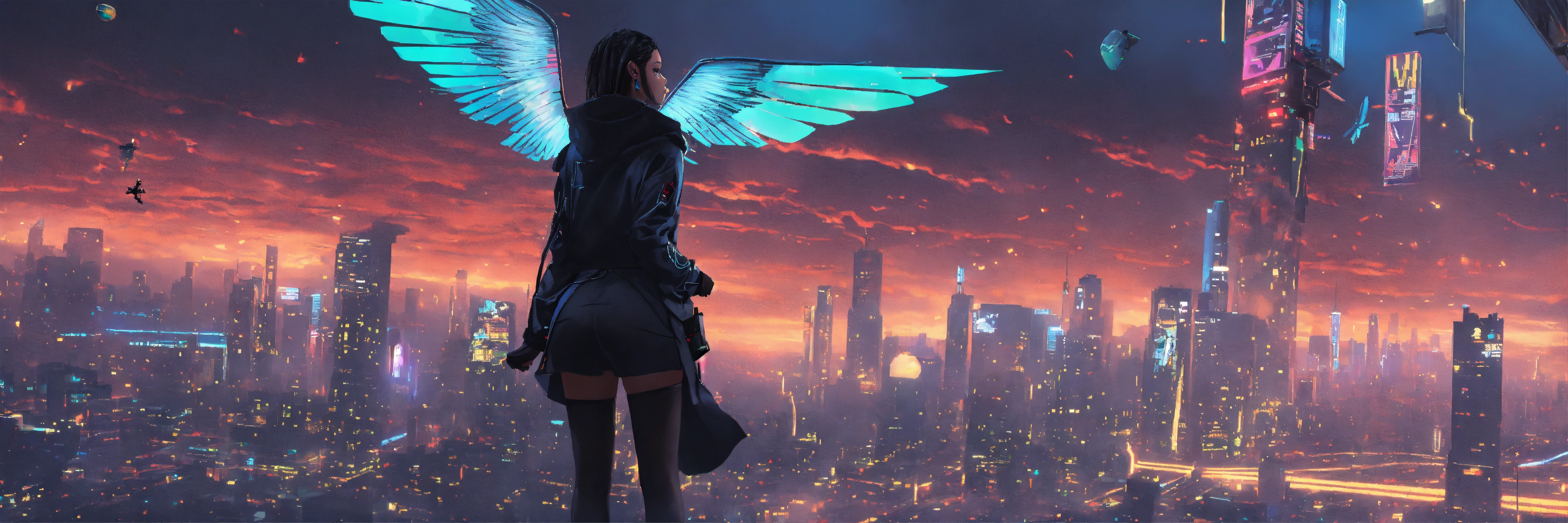 Lexica - Long shot, girl with robot wings black streetwear flying over ...