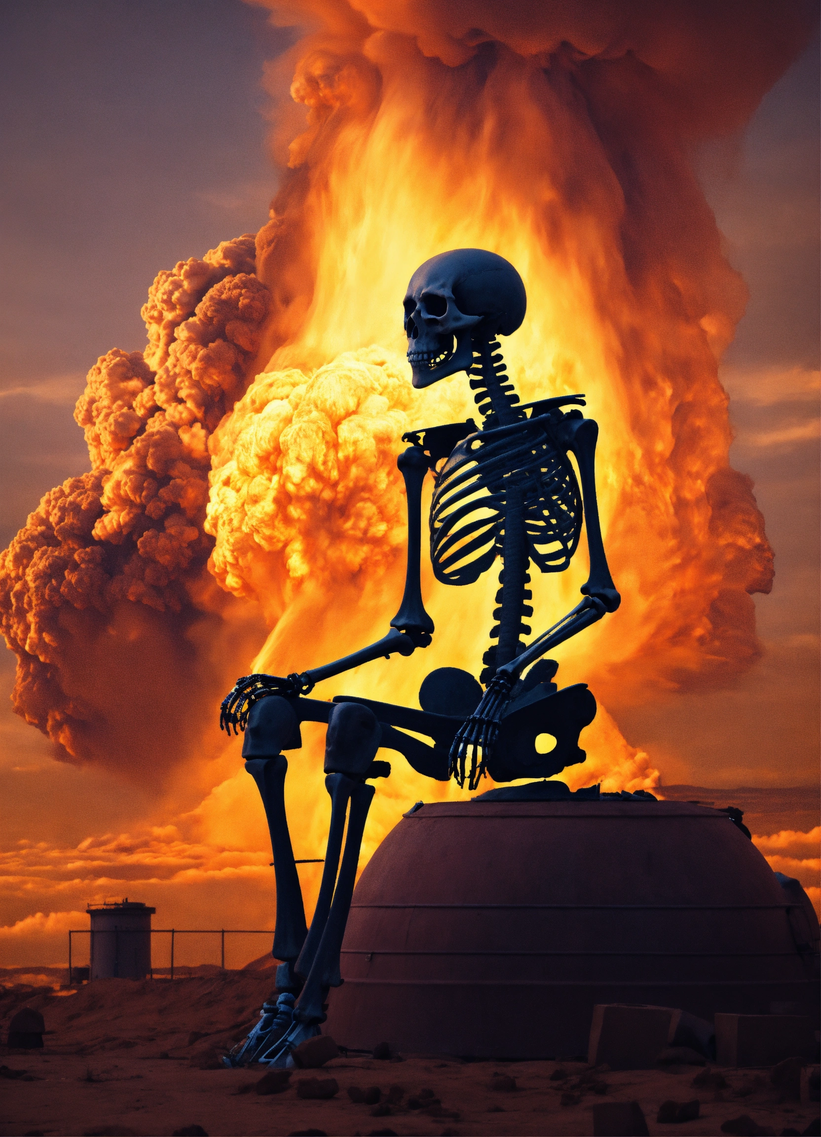 Lexica - Skeleton sitting in a thoughtful pose, nuclear explosion