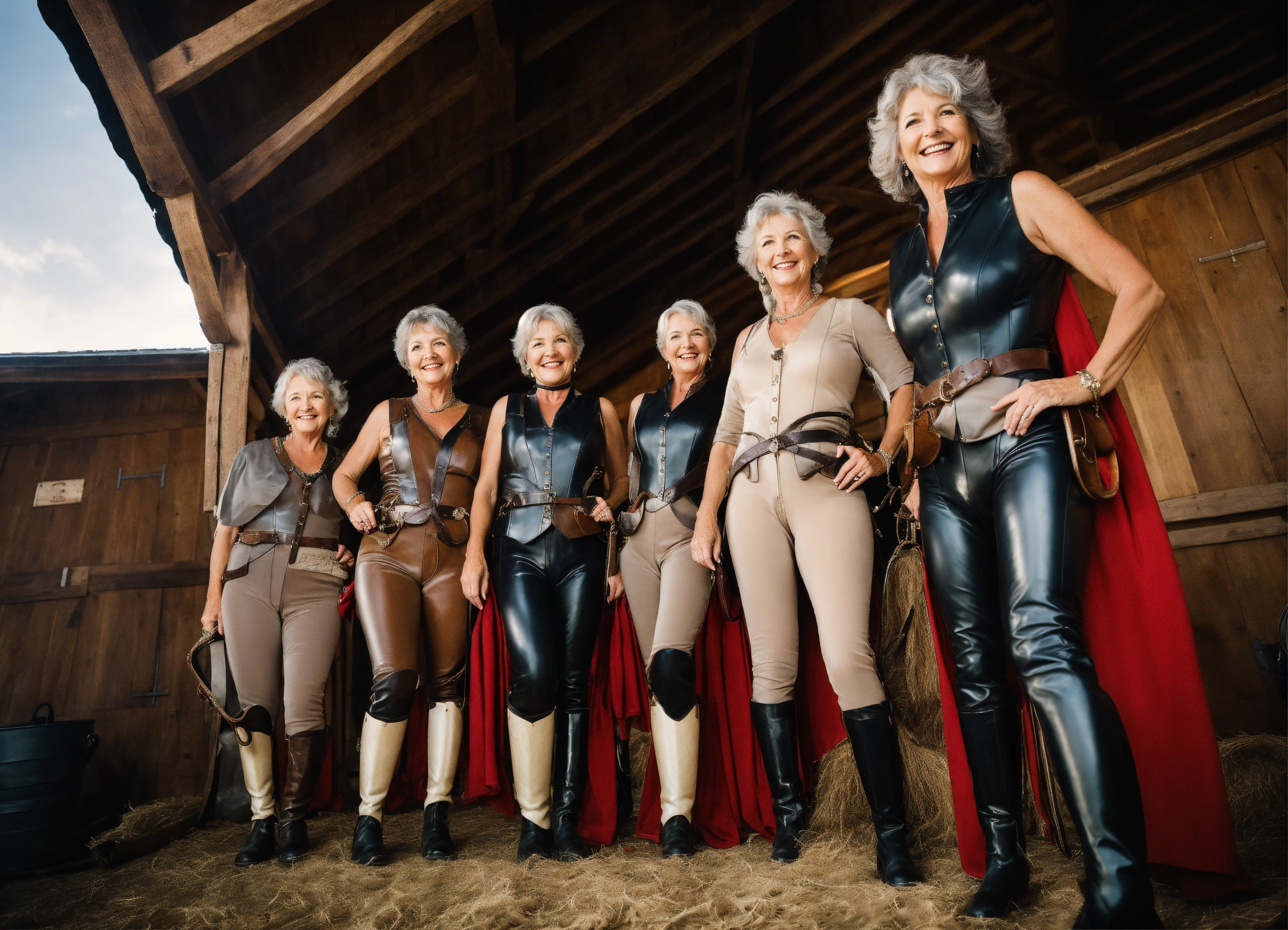 Lexica - Group of chic older women, 65, female, long flowing gray hair,  SHINY RUBBER equestrienne costumes, standing, from a low angle, GRINS,  ELEGAN...