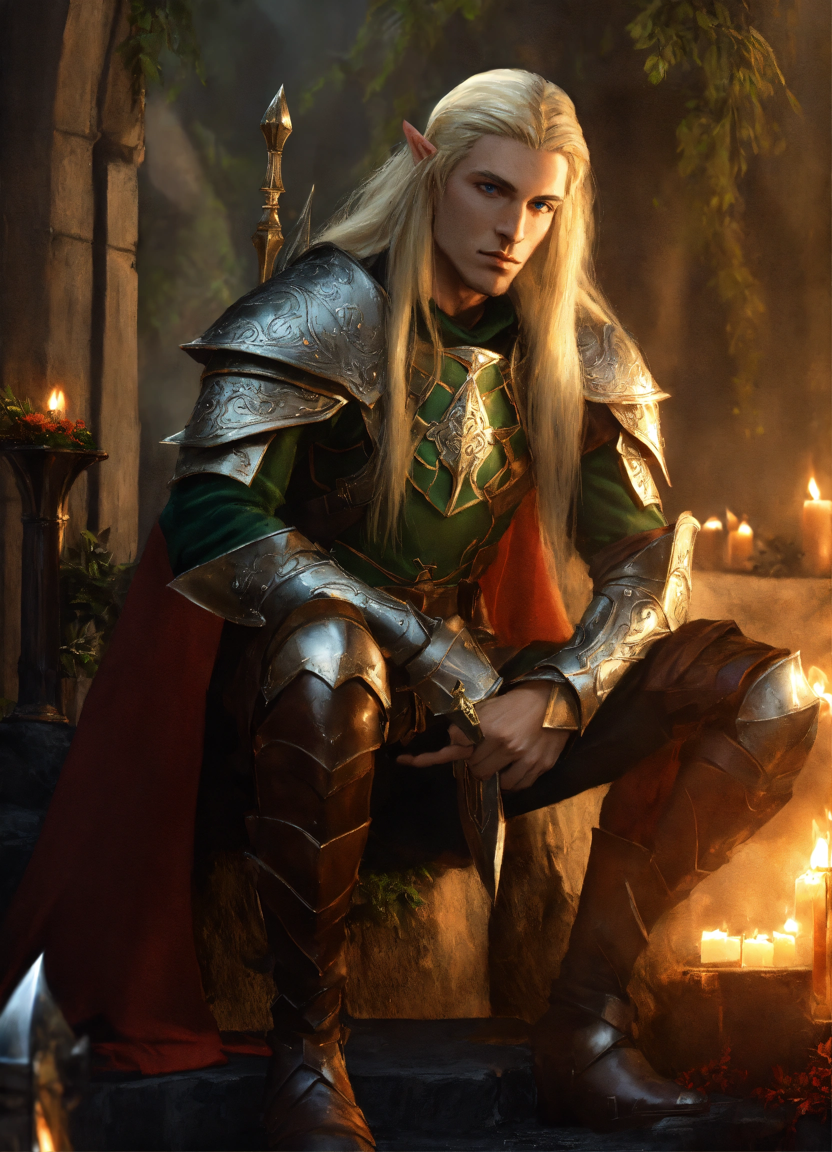Lexica - Elf man, long blond straight hair, leather armor, daggers