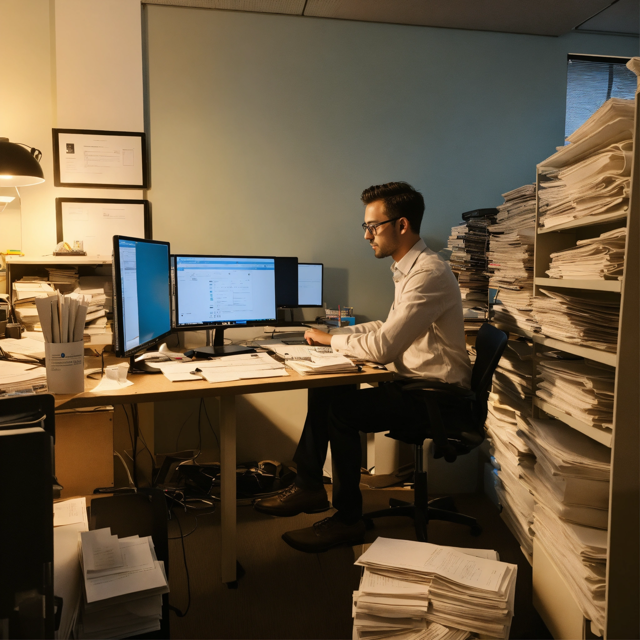 A person sitting at a desk surrounded by legal documents and papers