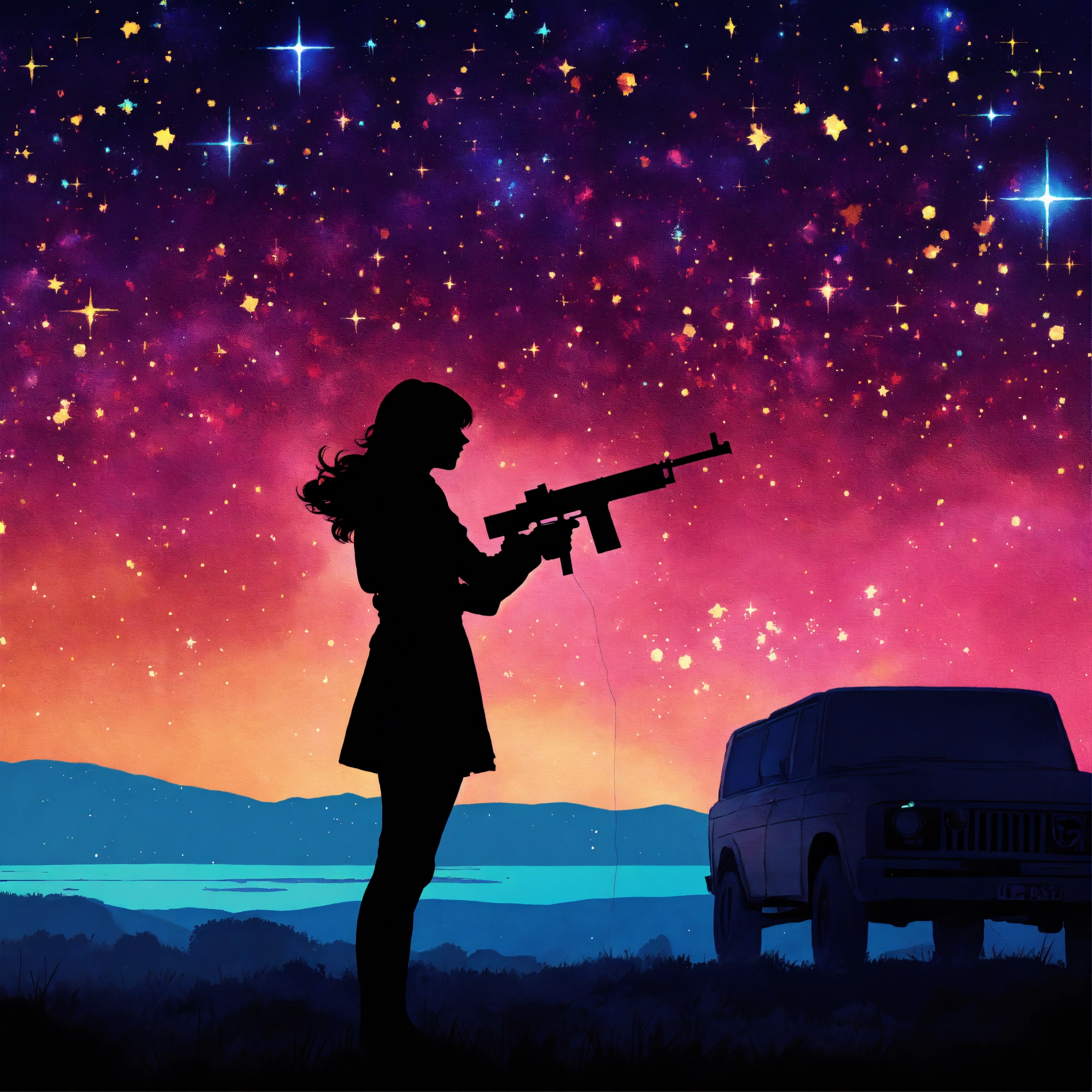 Lexica - Shadow of a woman holding a pistol, in front of a colourful ...