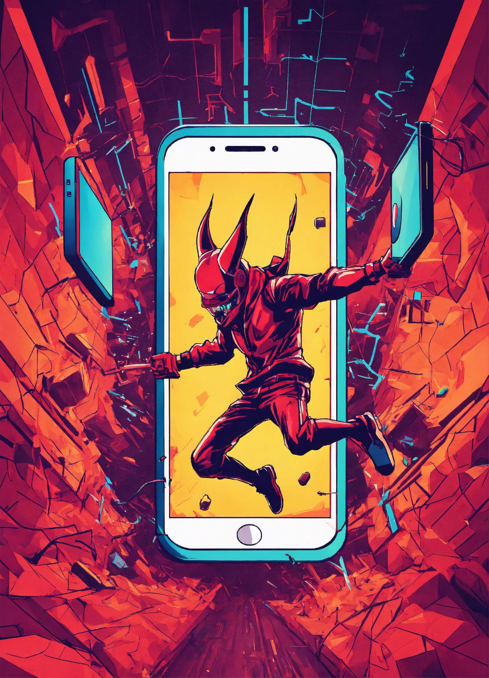 Lexica - Techno devil jumping upside down into smart phone screen cyber ...