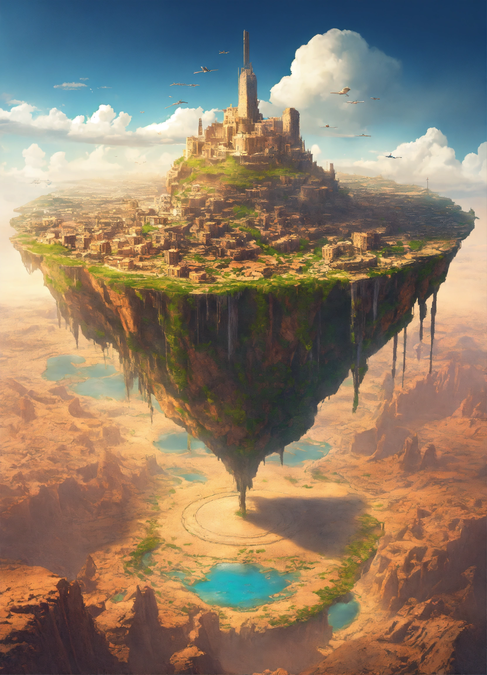 Lexica - A flying island with a city on top in the middle of the desert ...