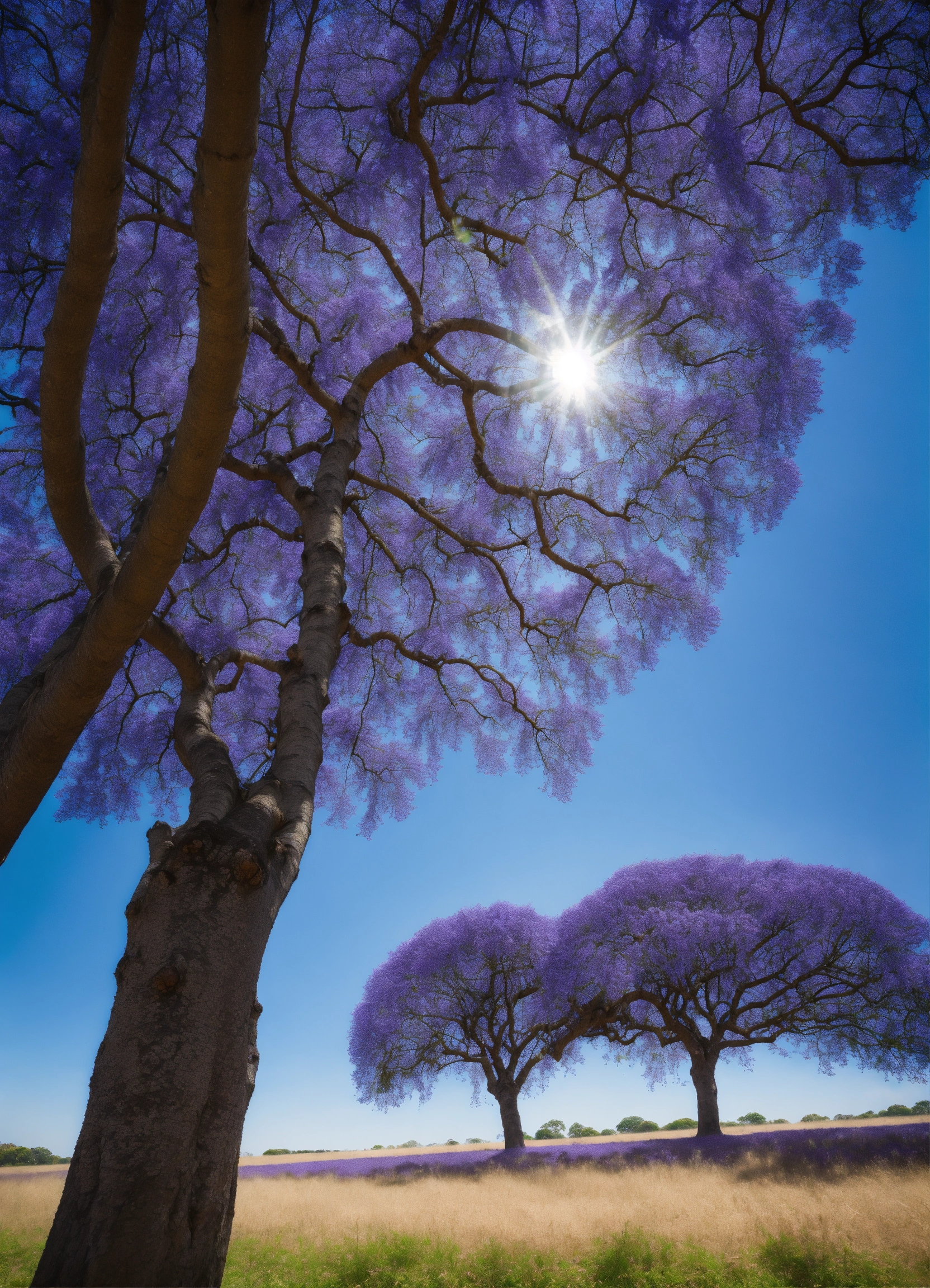 Lexica - Jacaranda, close up, large field of depth, blue sky, trees and ...