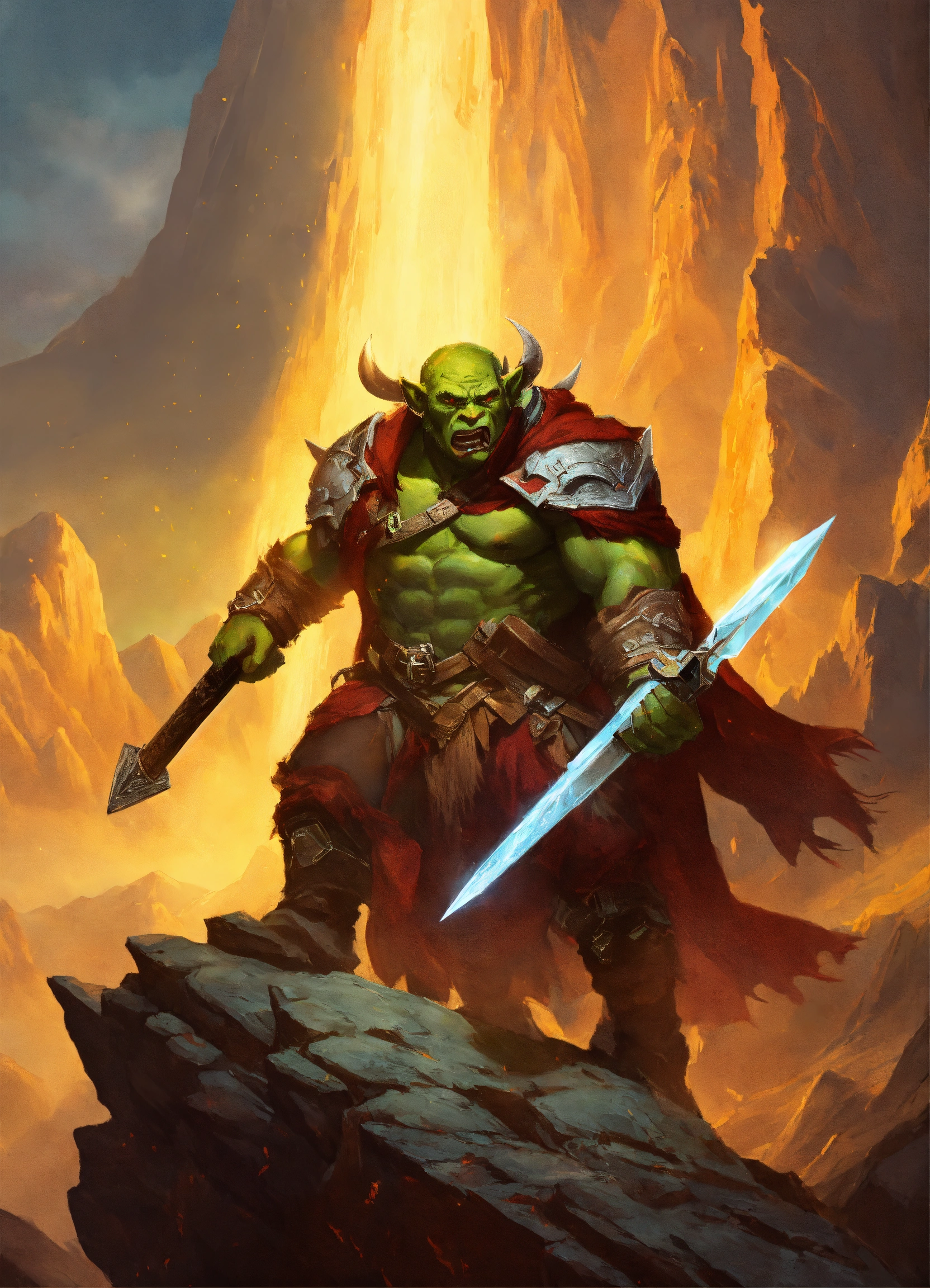 Lexica - An orc being weakened by a beam of light on a mountain peak.