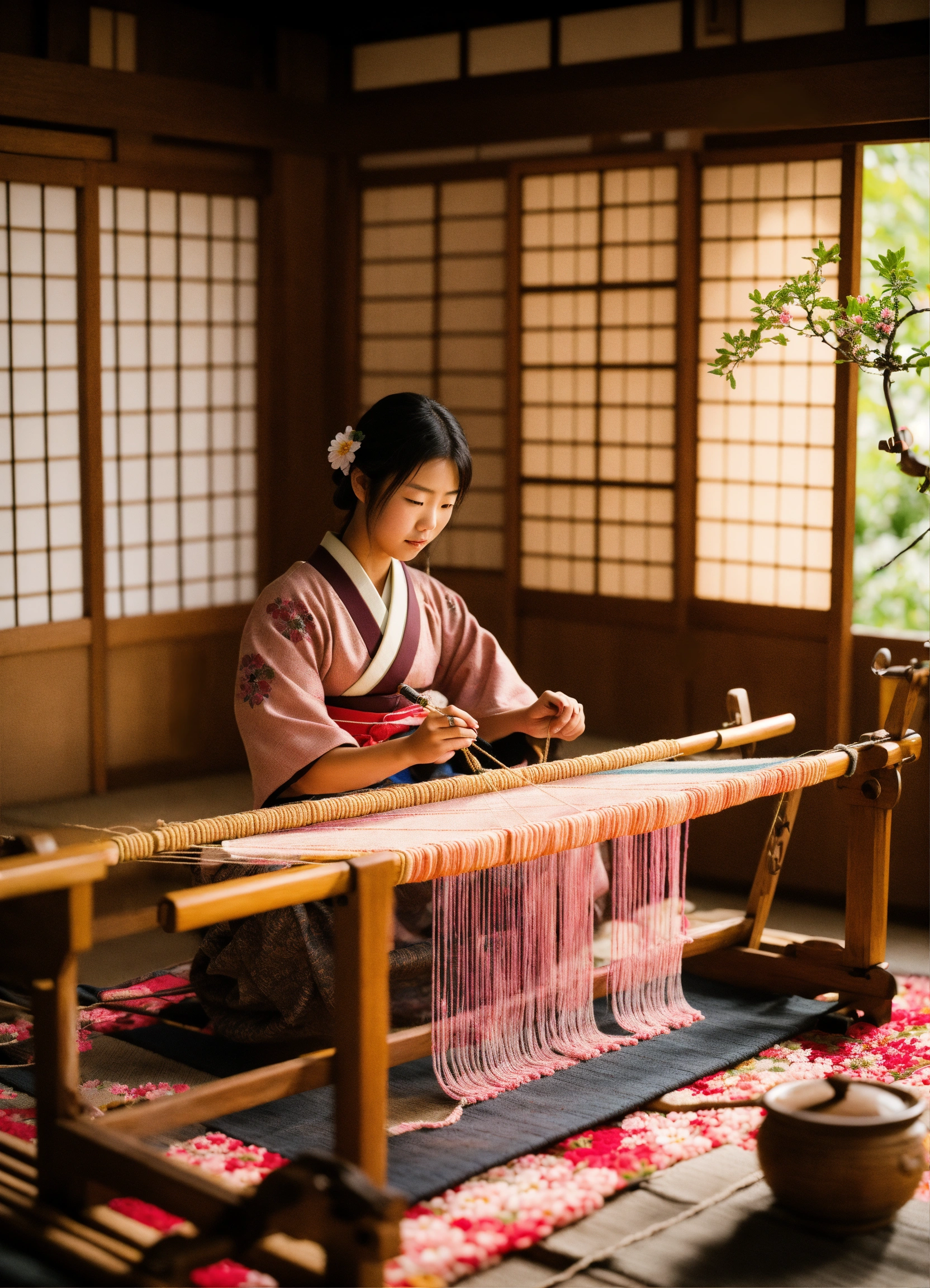 Lexica - 8k image of young Sakura, a Japanese woman, weaving her carpet ...