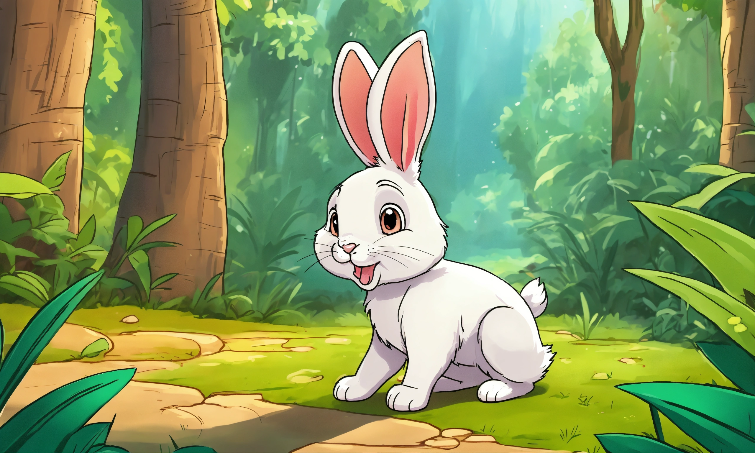 Lexica - Cute cartoon comic rabbit talking and wandering in jungle