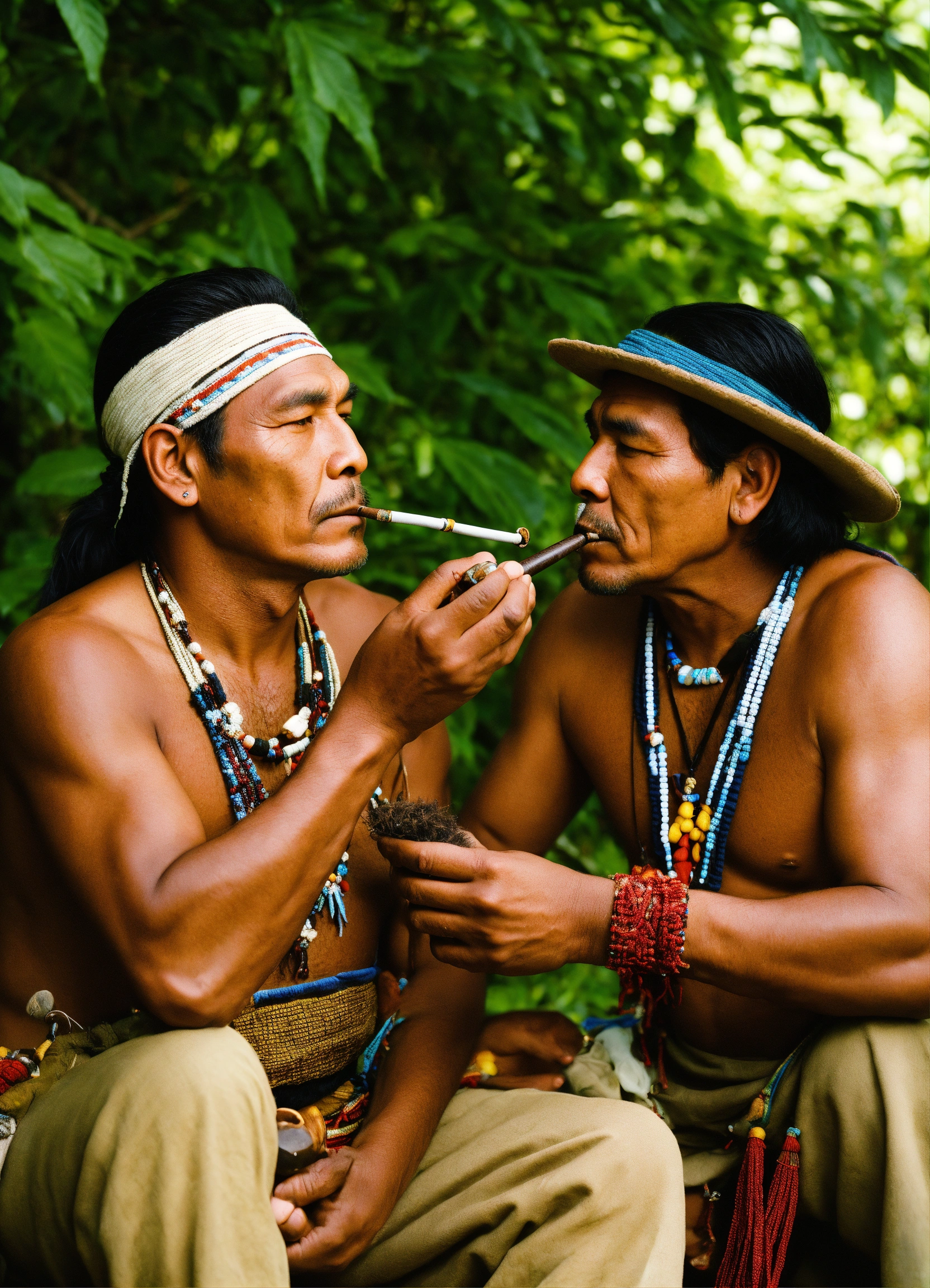 Lexica - Indigenous men sharing sacred tobacco, pipe, snuff