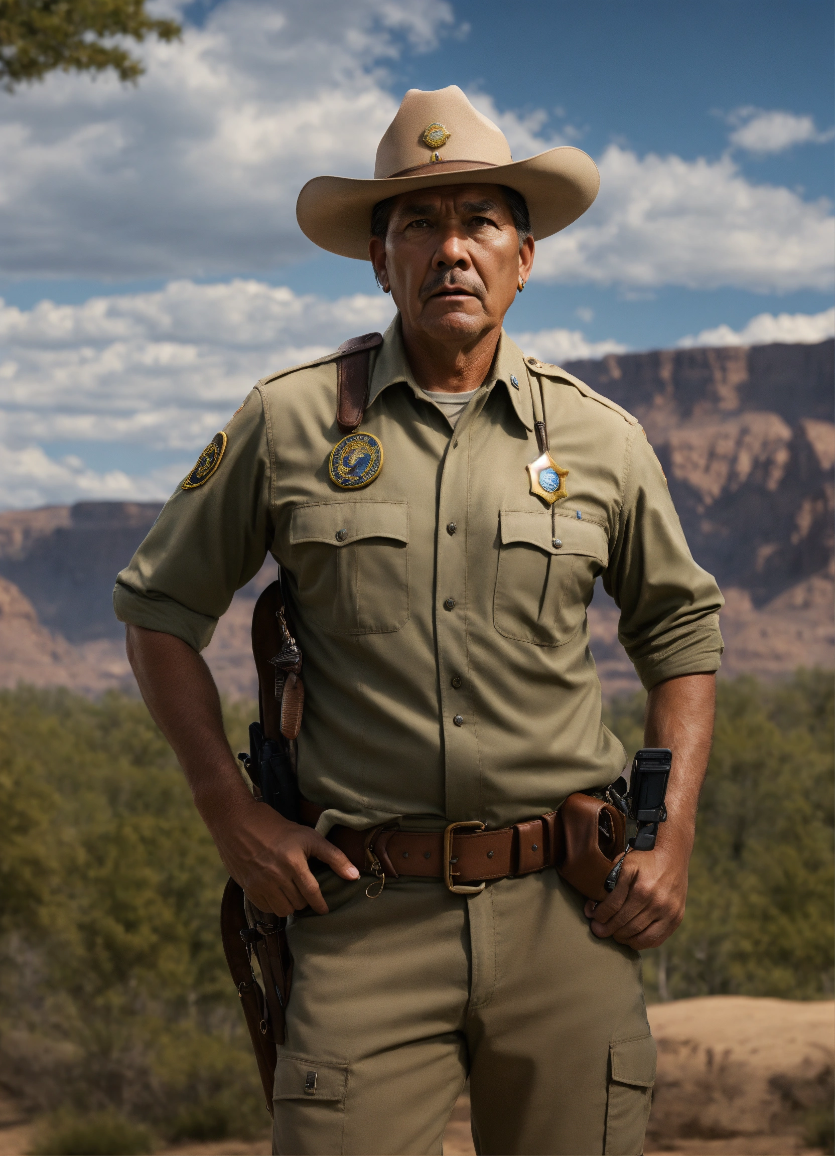 Lexica - Portrait of an native american park ranger man scared ...