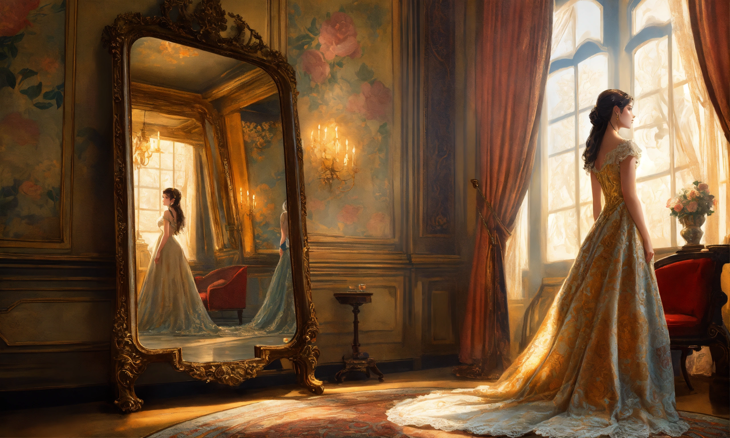 Lexica - Young Beautiful Lady stands before a vintage, ornate mirror ...