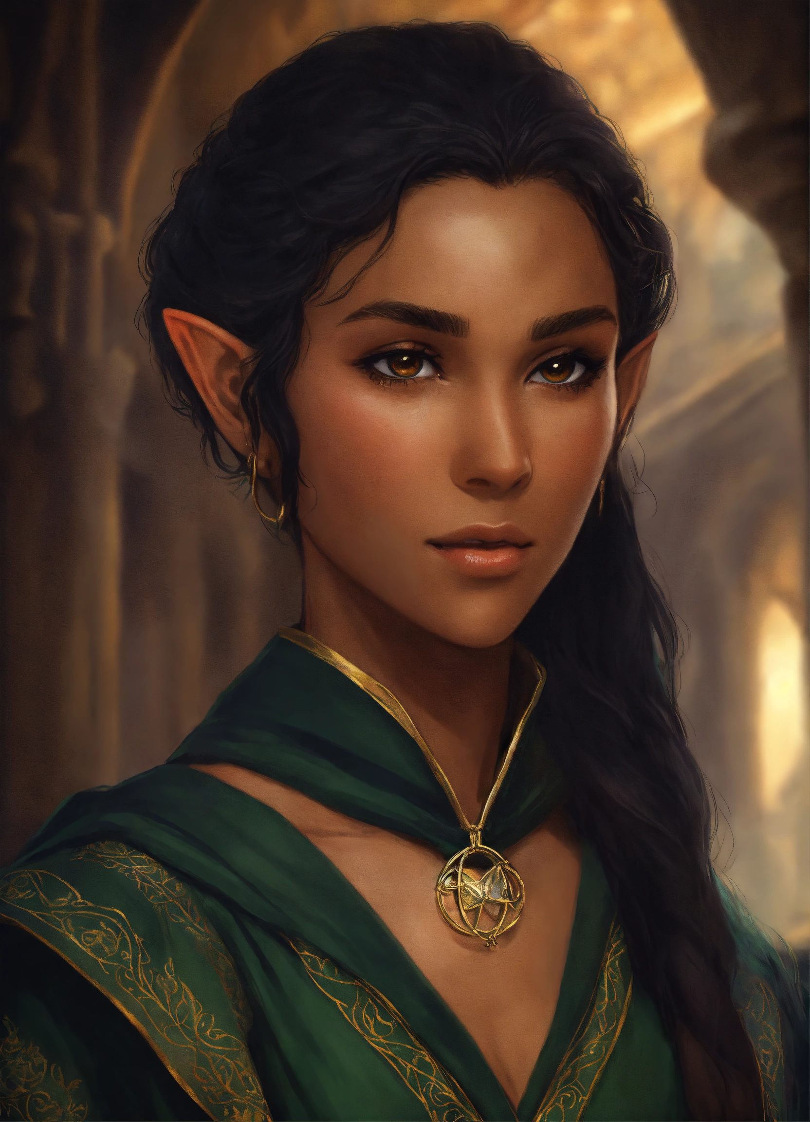 Lexica - Elf woman, short ears, adventure, dark complexion, black hair ...