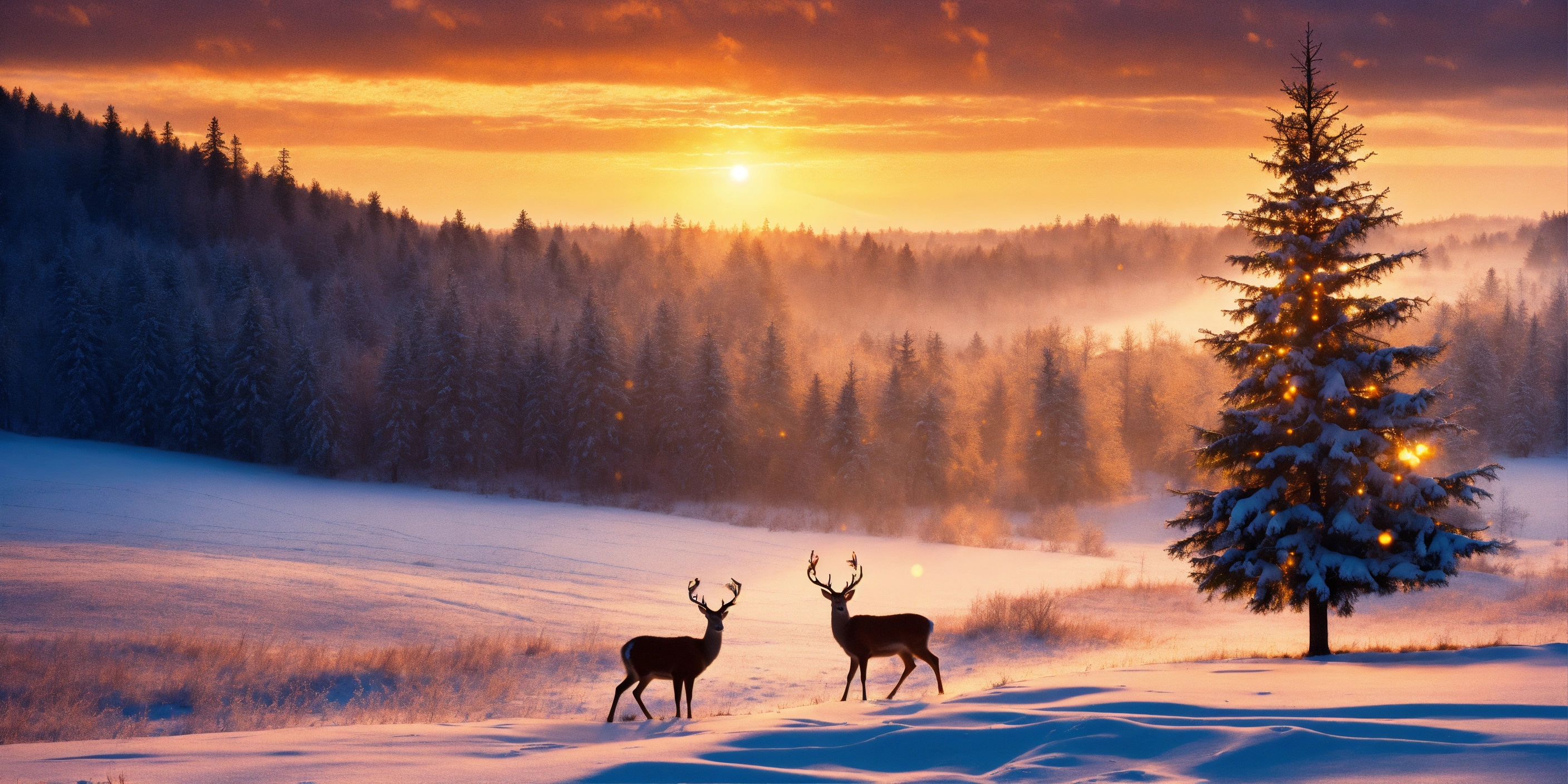 Lexica - Winter landscape at sunrise, with Christmas tree with majestic ...