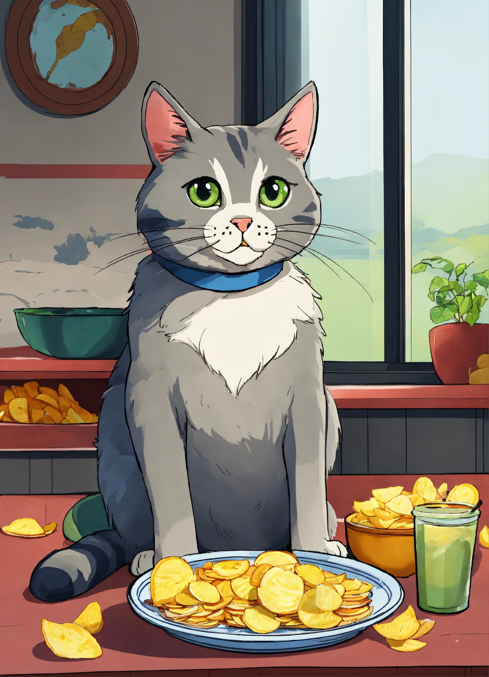 Lexica - A cat cut grey holding a big plate full with potato chips cartoon
