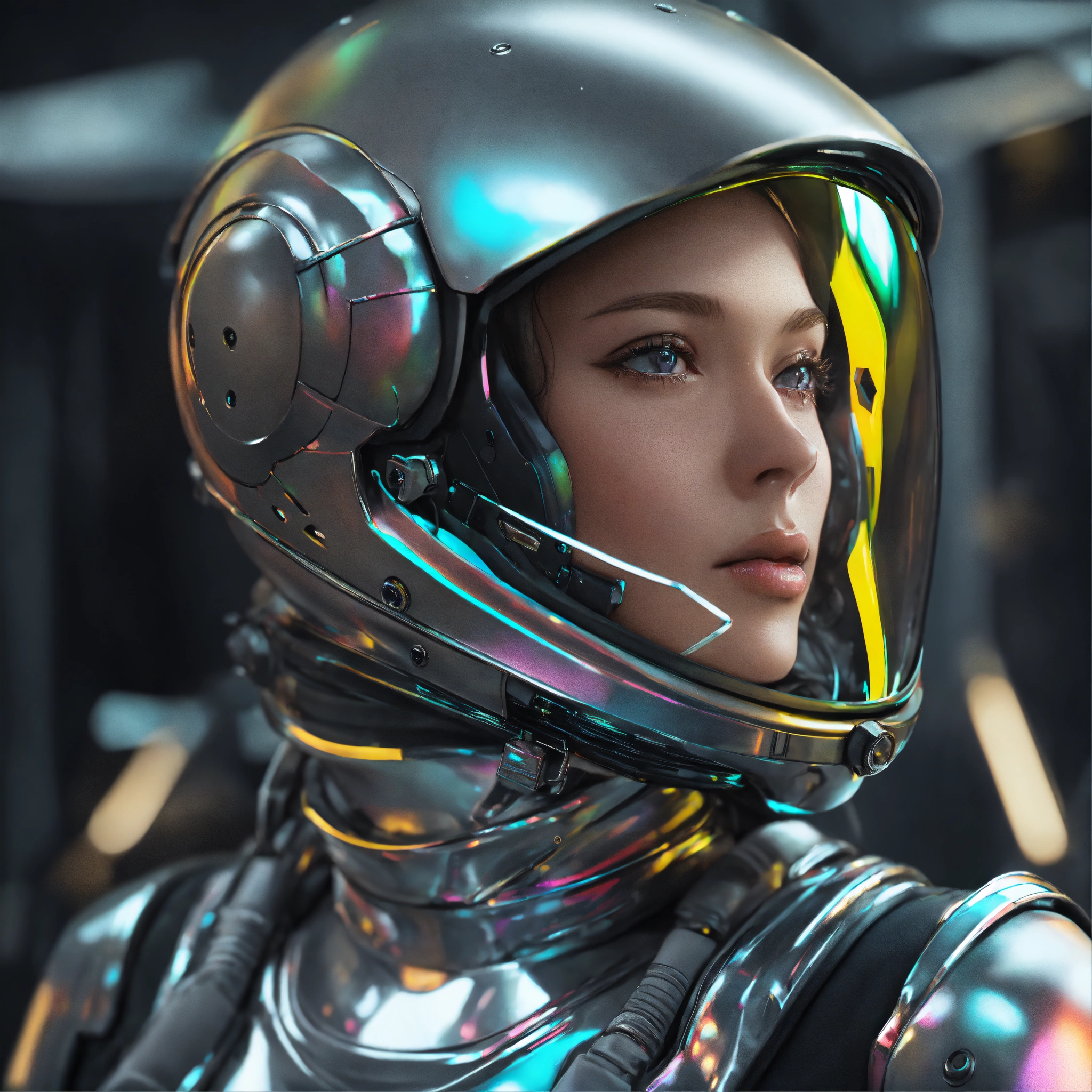 Lexica - An iridescent steel tight space suit worn by a woman, in the ...