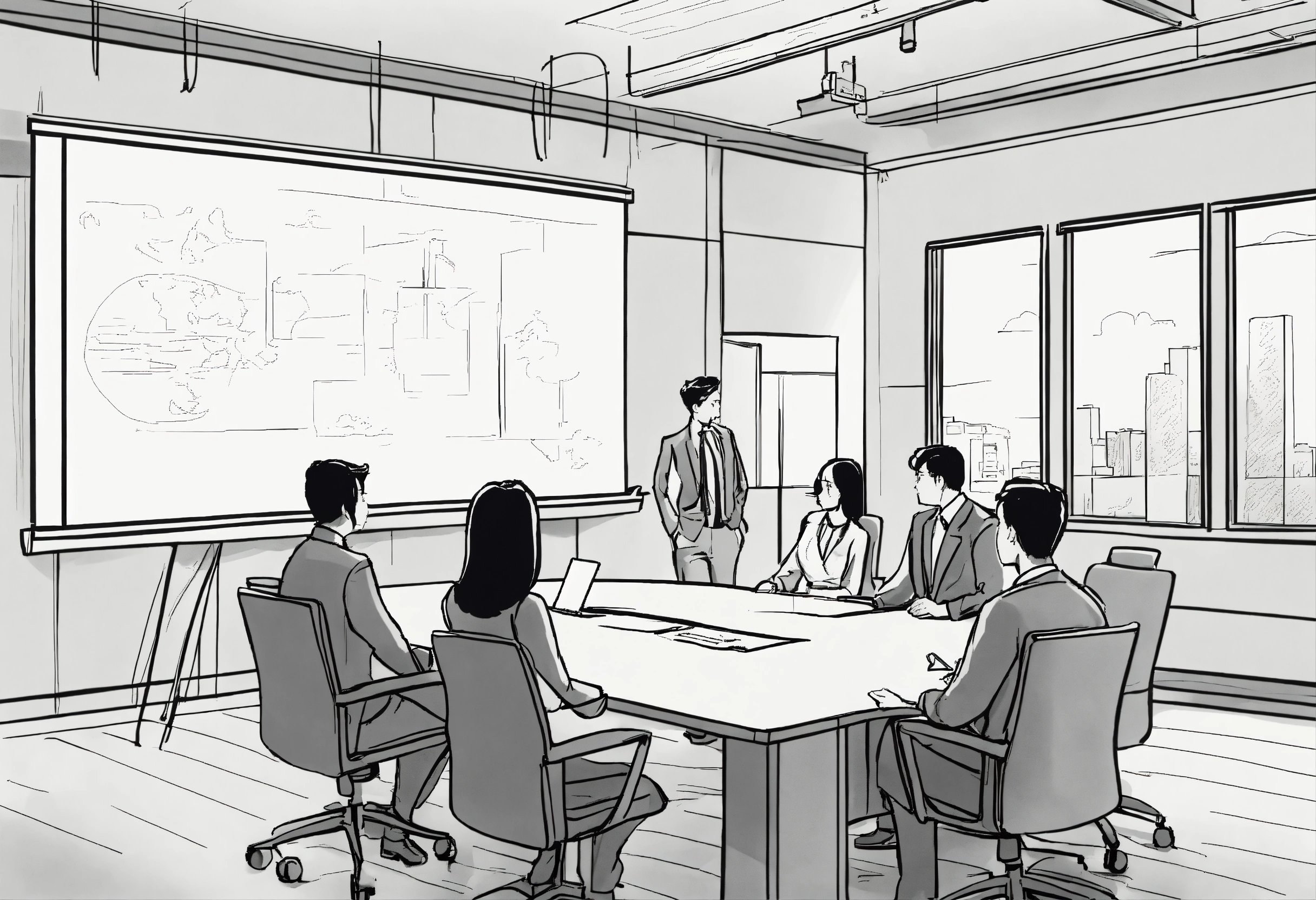 Lexica - Detailed line drawing of a conference room with three people ...