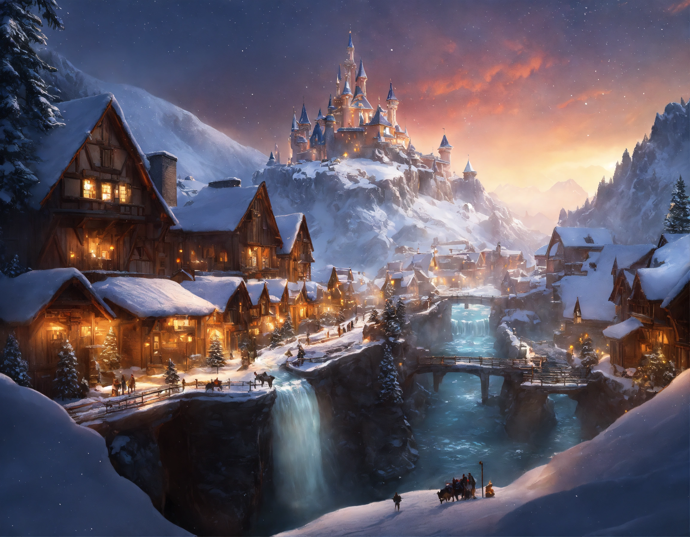 Lexica - Mountain village with wooden castle disneyland, on top of a ...