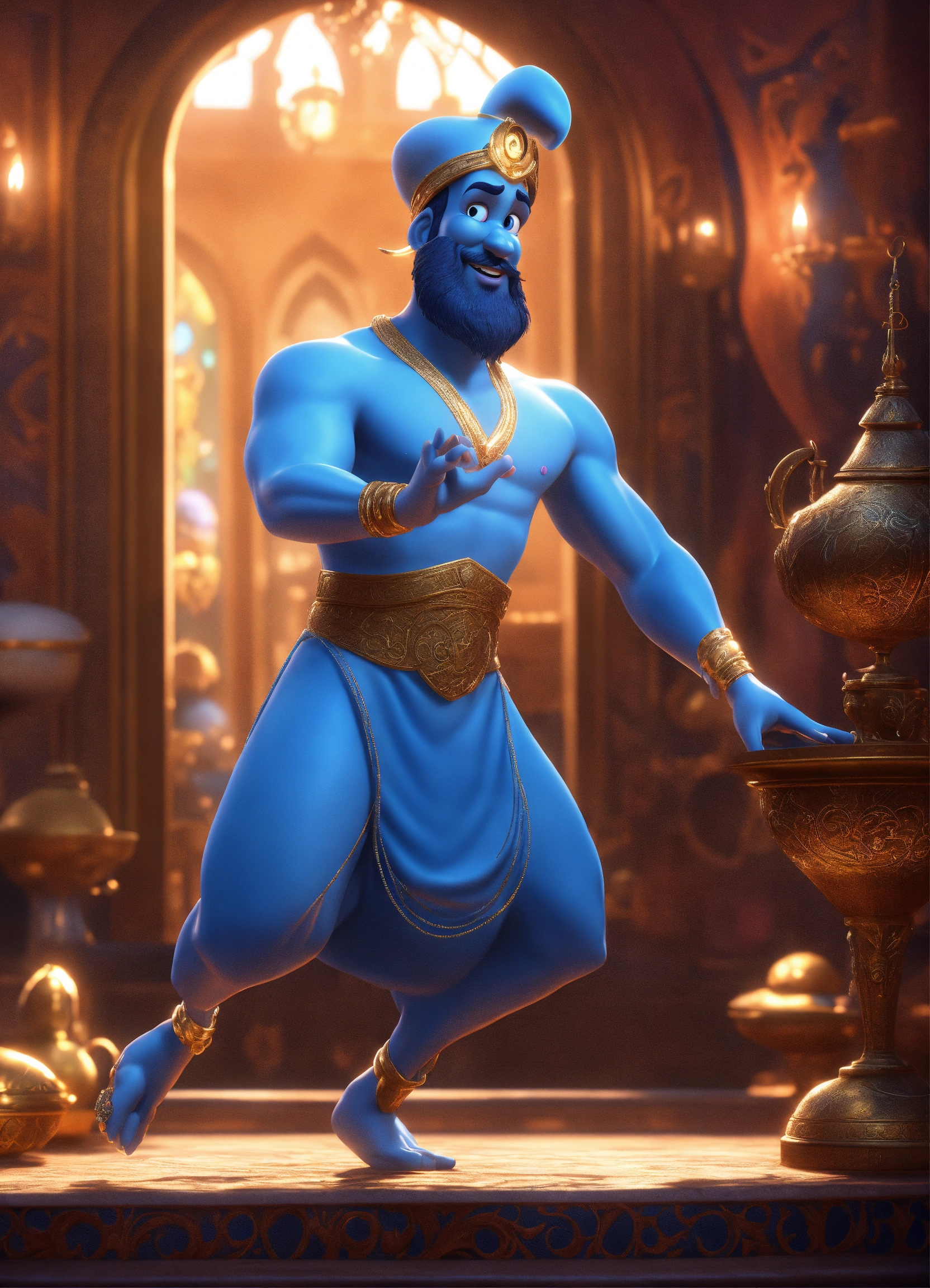 Lexica - Create a 3D rendering of a magical blue Arabian male genie ...