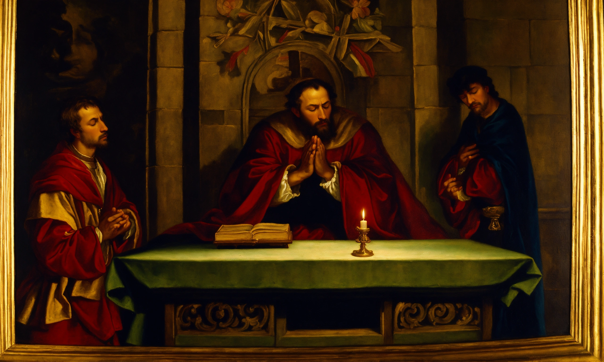 Lexica - Renaissance oil painting of a man praying on a altar cross