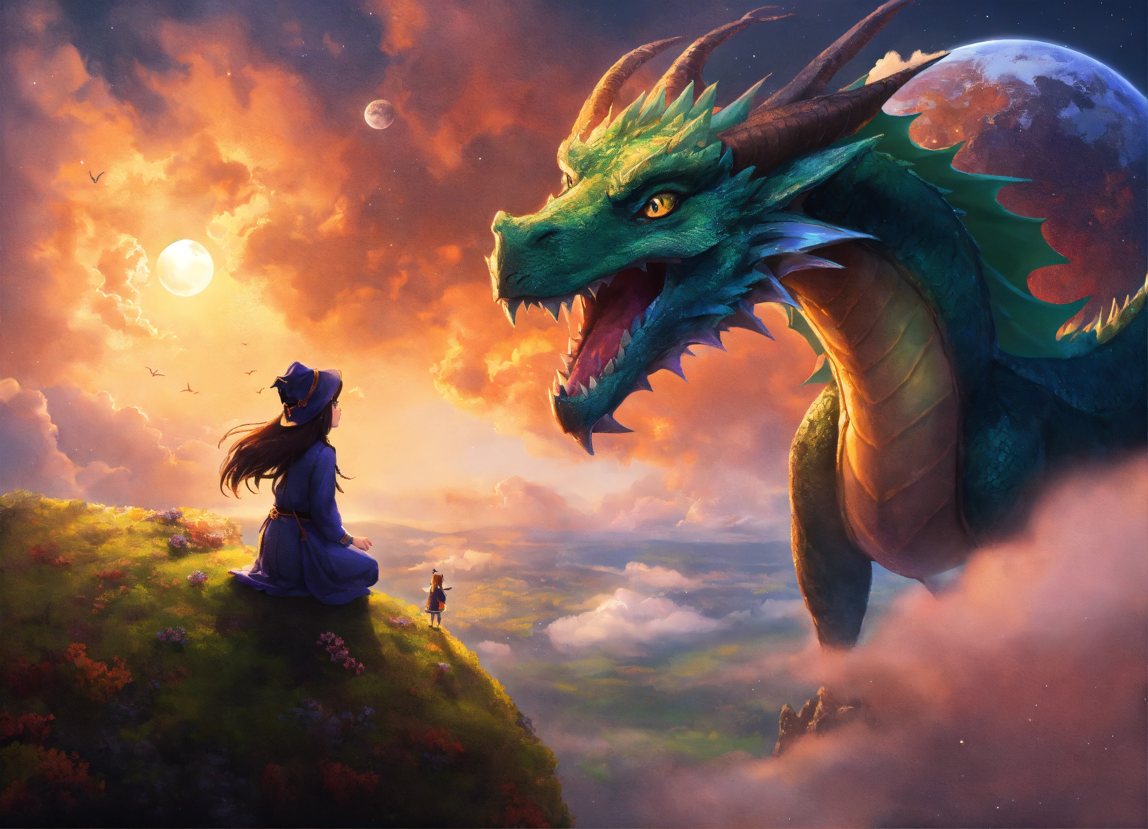 Lexica - A small dragon and witch looking up and the Earth in the sky.