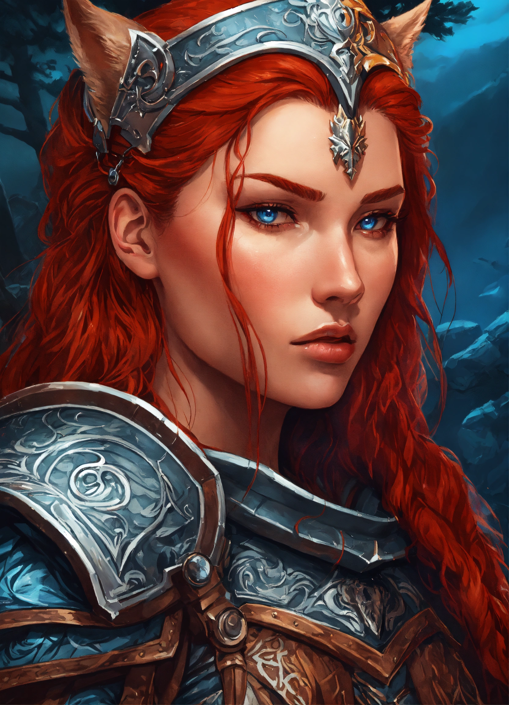 Lexica - A close up of an red haired female wearing wolf pelt shoulder ...